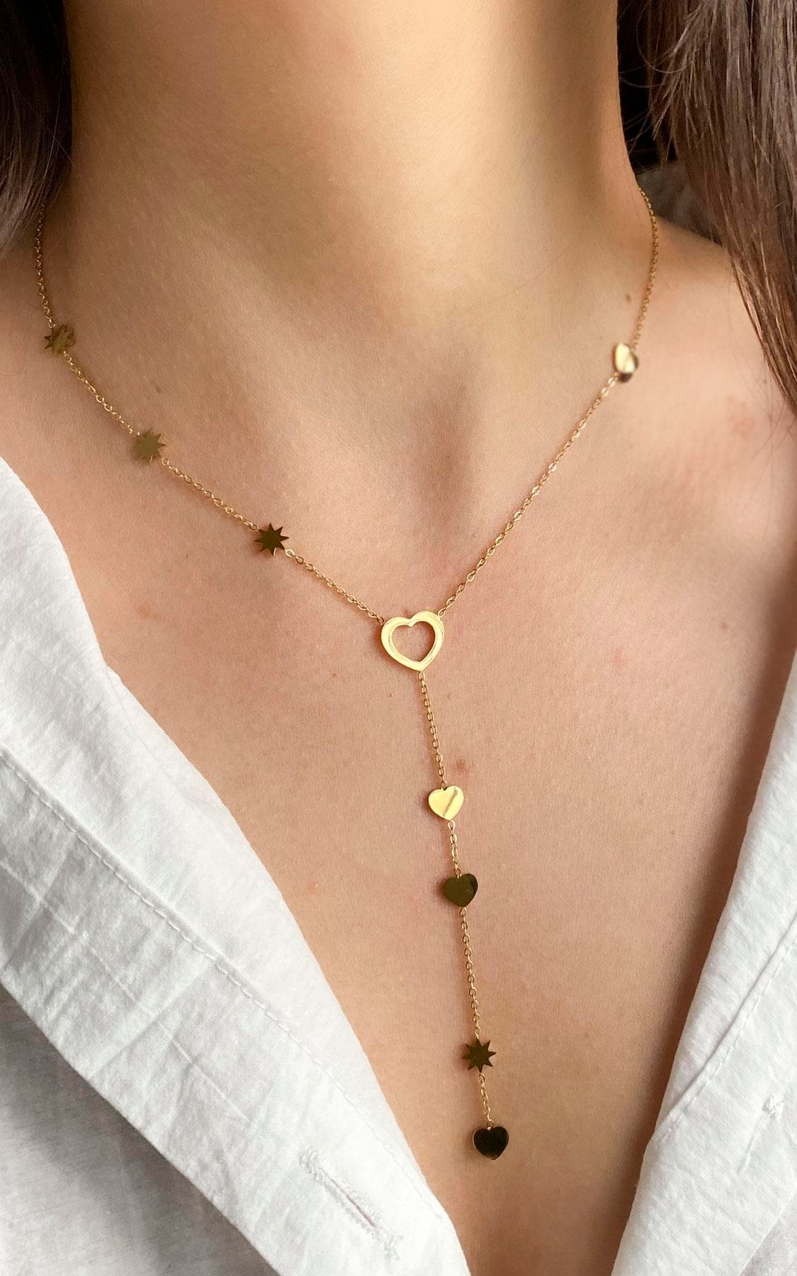 Kalp Figürlü Yıldız Detaylı Gold Çelik Y Kolye