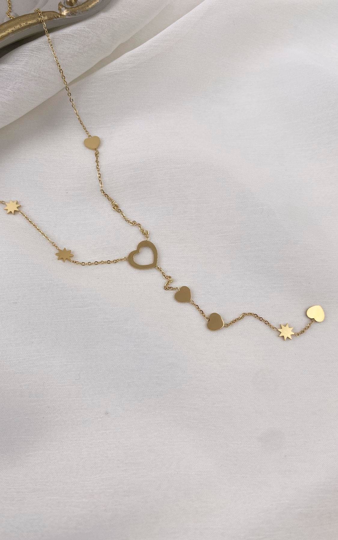 Kalp Figürlü Yıldız Detaylı Gold Çelik Y Kolye