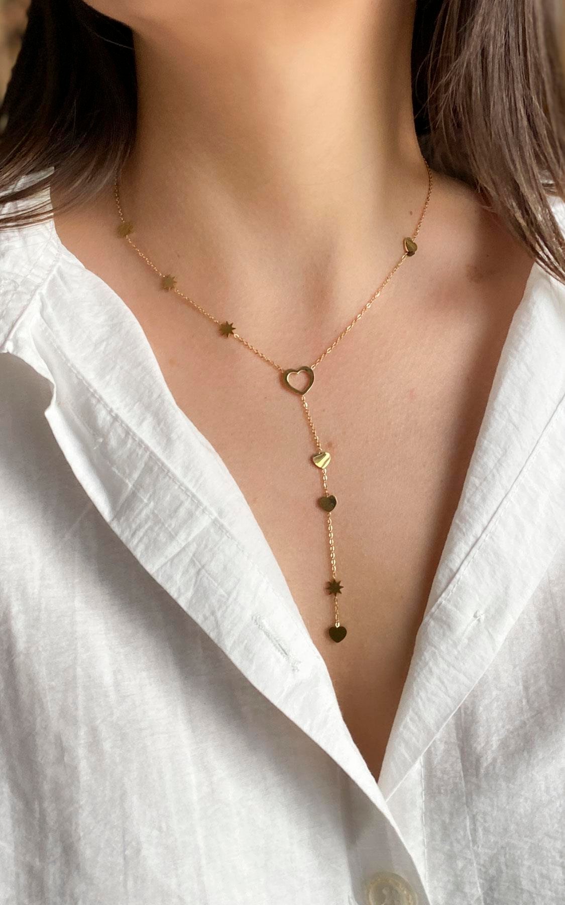 Kalp Figürlü Yıldız Detaylı Gold Çelik Y Kolye