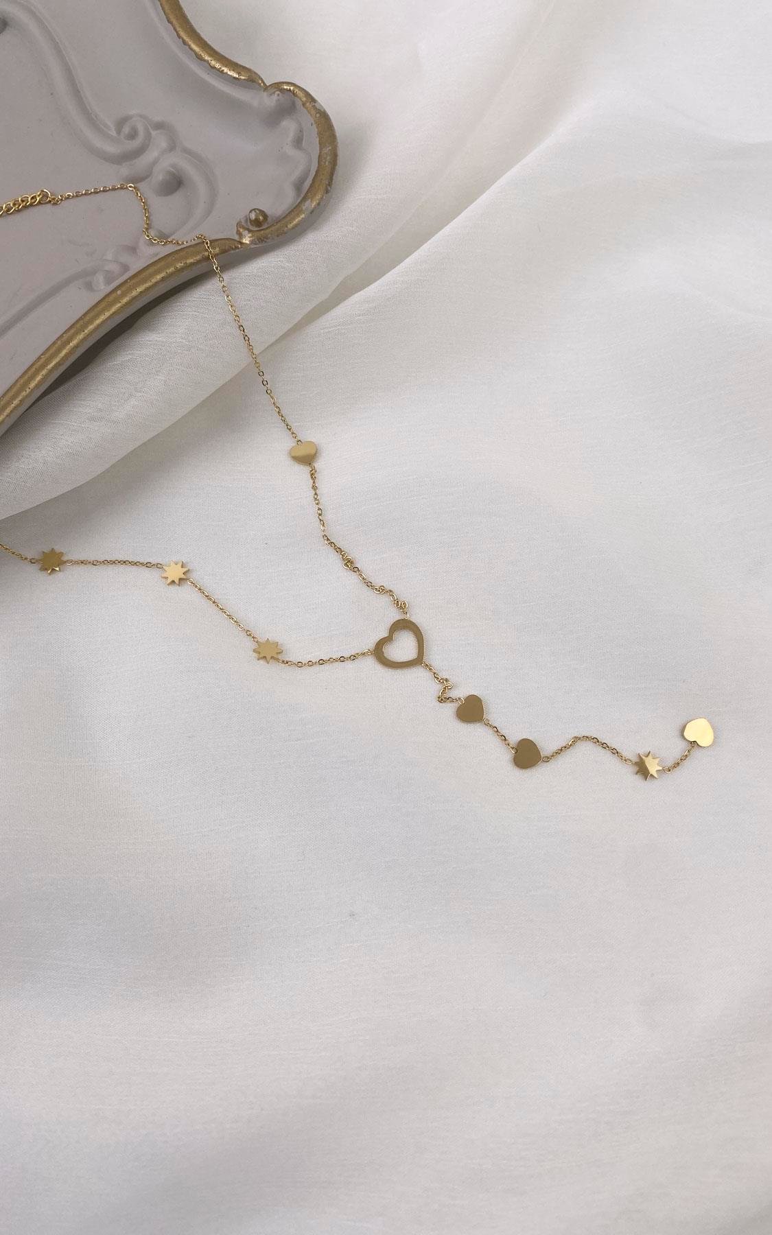 Kalp Figürlü Yıldız Detaylı Gold Çelik Y Kolye