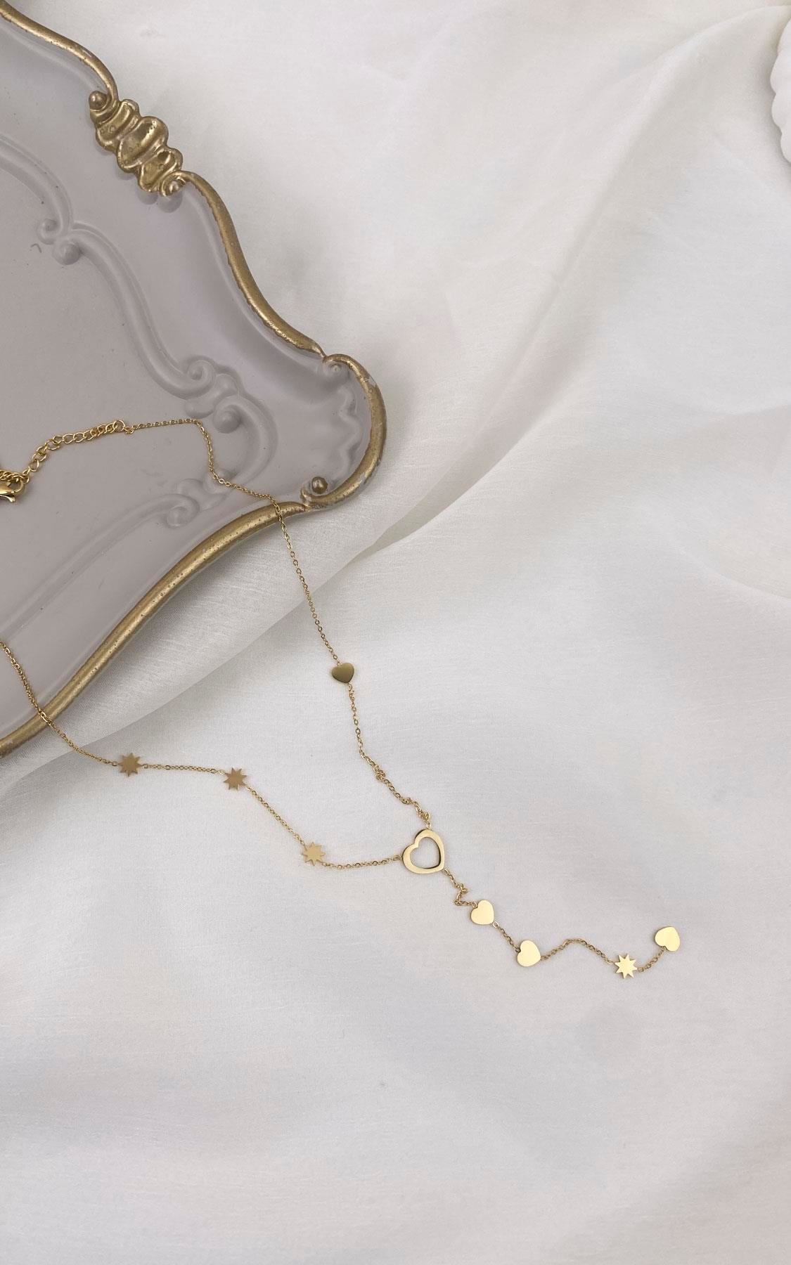 Kalp Figürlü Yıldız Detaylı Gold Çelik Y Kolye