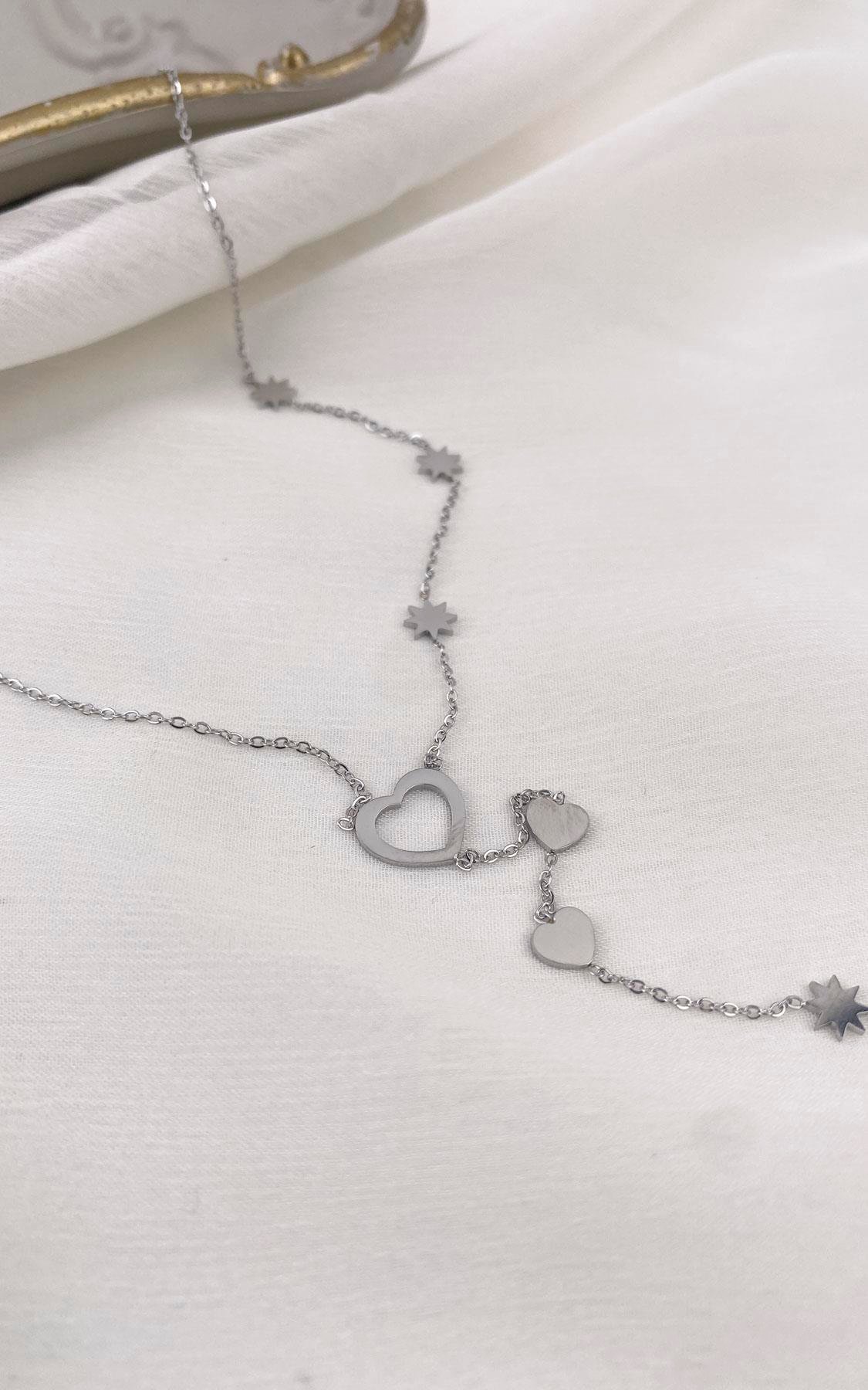 Kalp Figürlü Yıldız Detaylı Gümüş Çelik Y Kolye