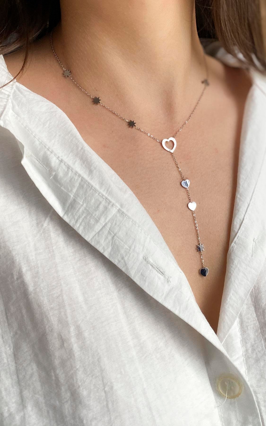 Kalp Figürlü Yıldız Detaylı Gümüş Çelik Y Kolye