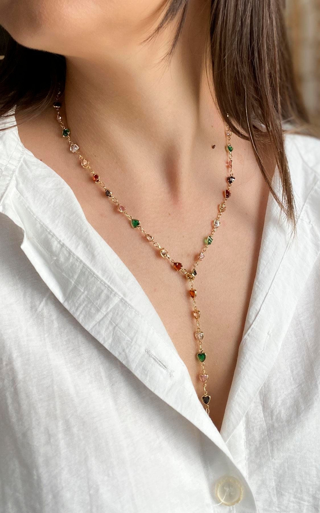 Kalp Sıralı Gold Renkli Çellik Y Kolye