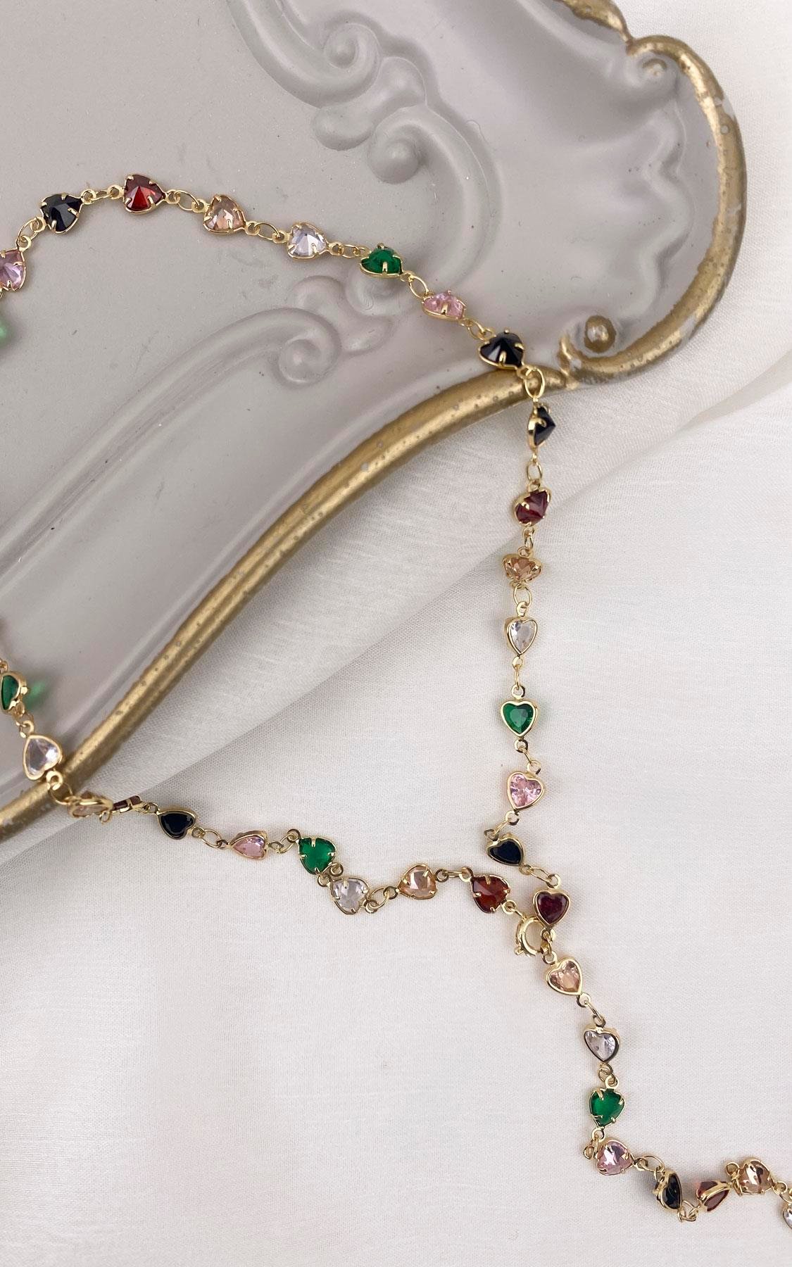 Kalp Sıralı Gold Renkli Çellik Y Kolye