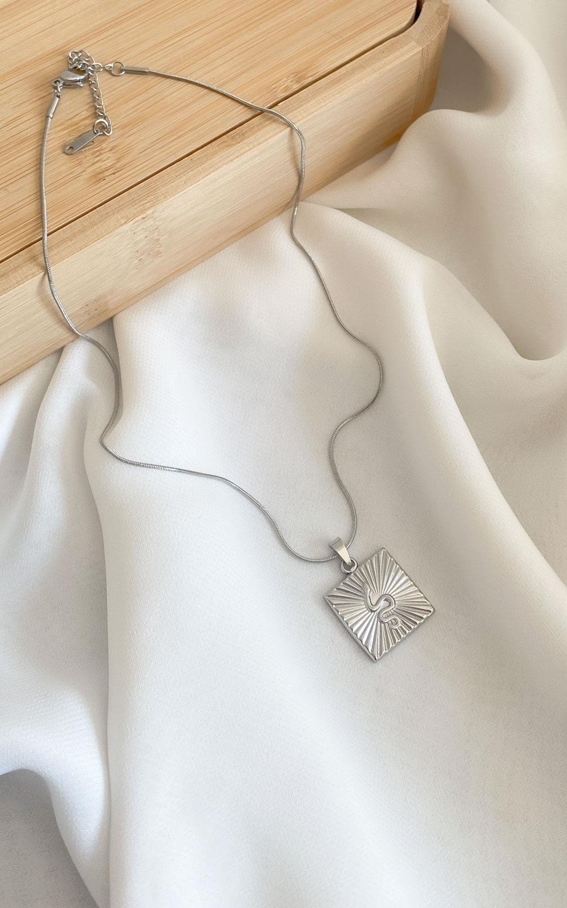 Kare Plaka Yılan Desenli Gümüş Çelik Kolye