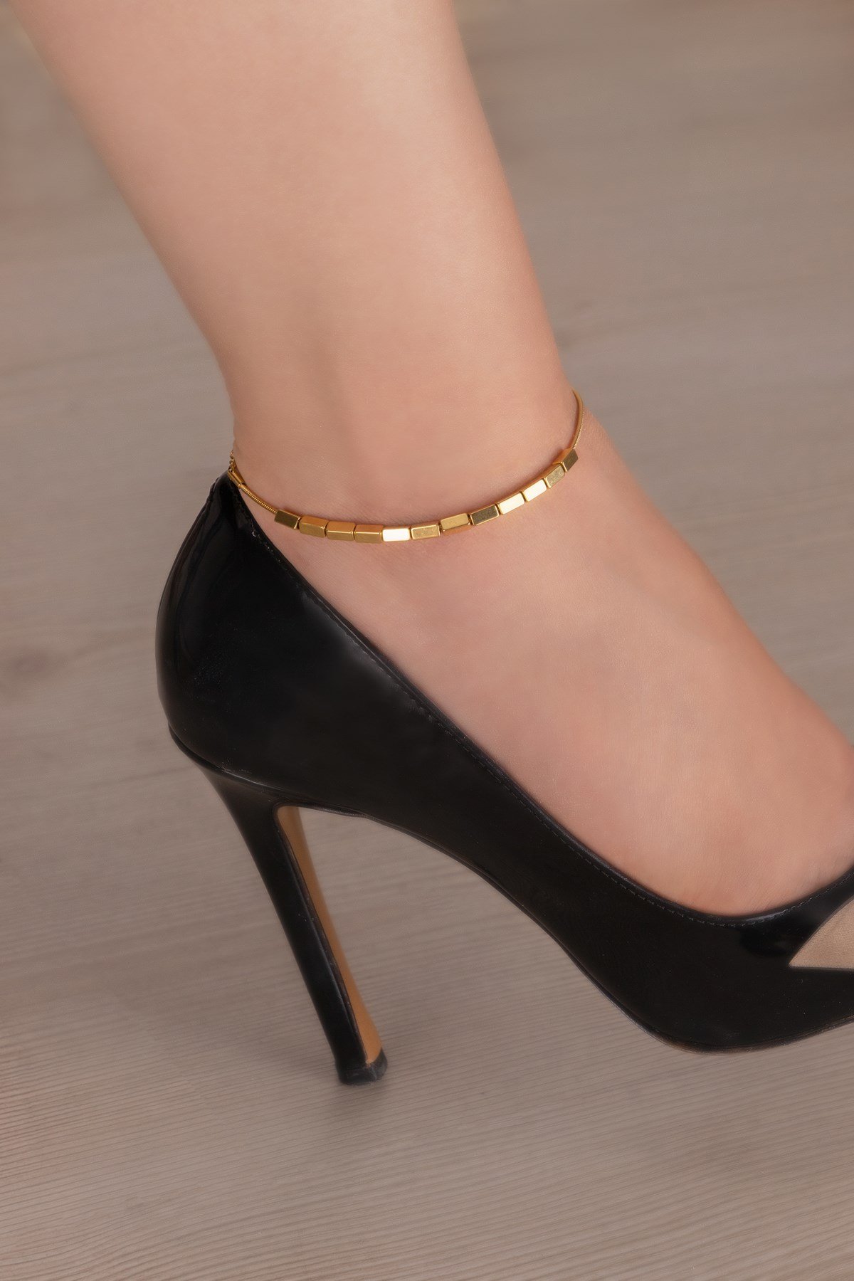 Küp Sıralı Yılan Zincir 19cm Gold Çelik Halhal