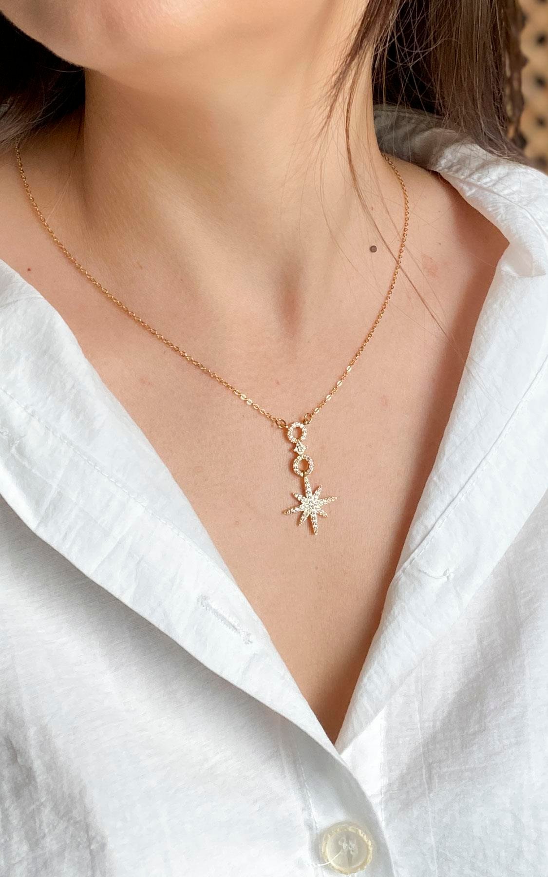 Kuzey Yıldız Figürlü Gold Çelik Kolye