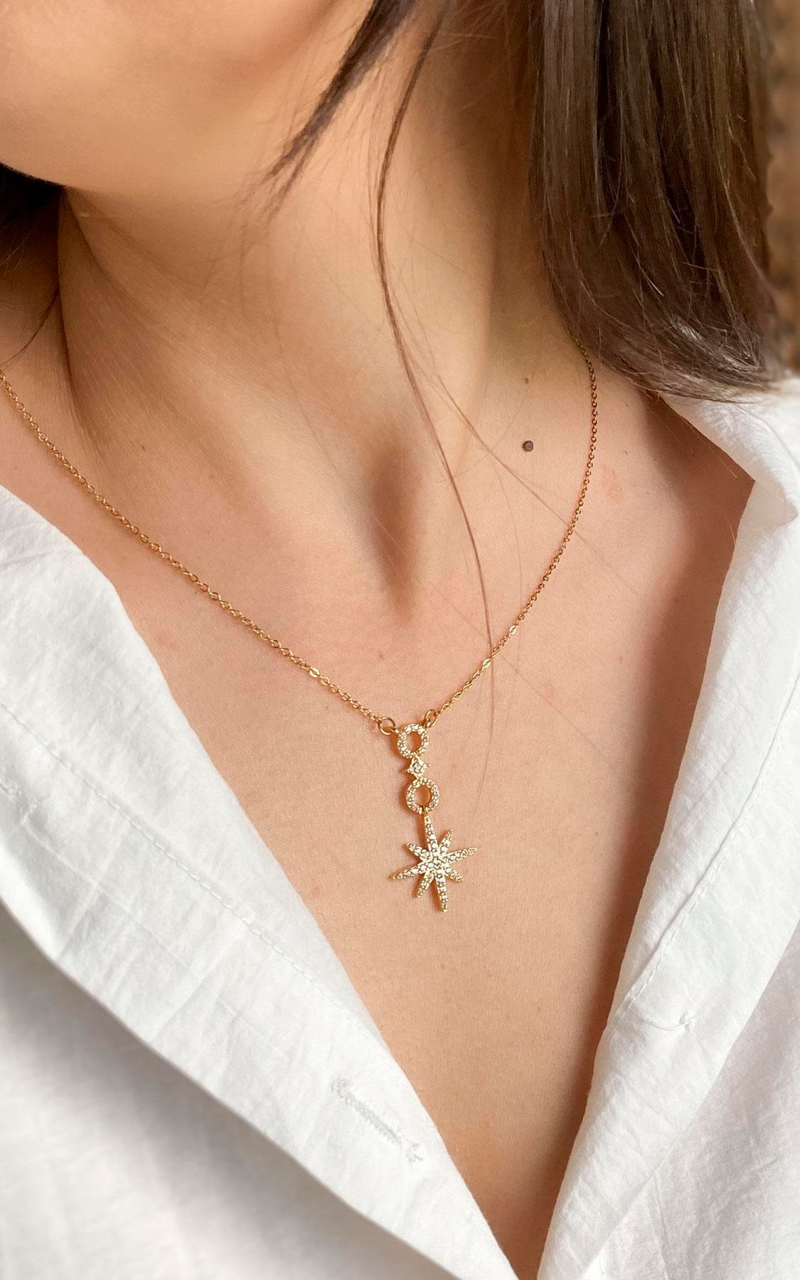 Kuzey Yıldız Figürlü Gold Çelik Kolye