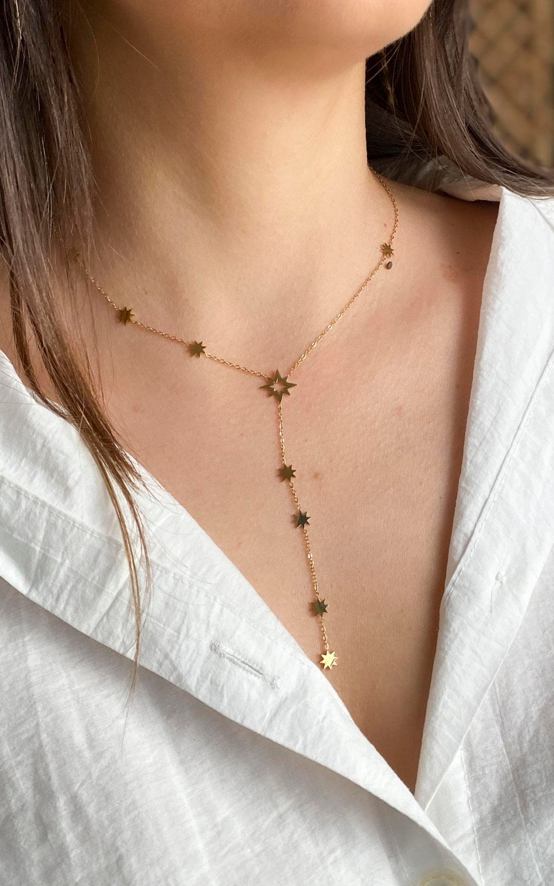 Kuzey Yıldızı Figürlü Gold Çelik Y Kolye