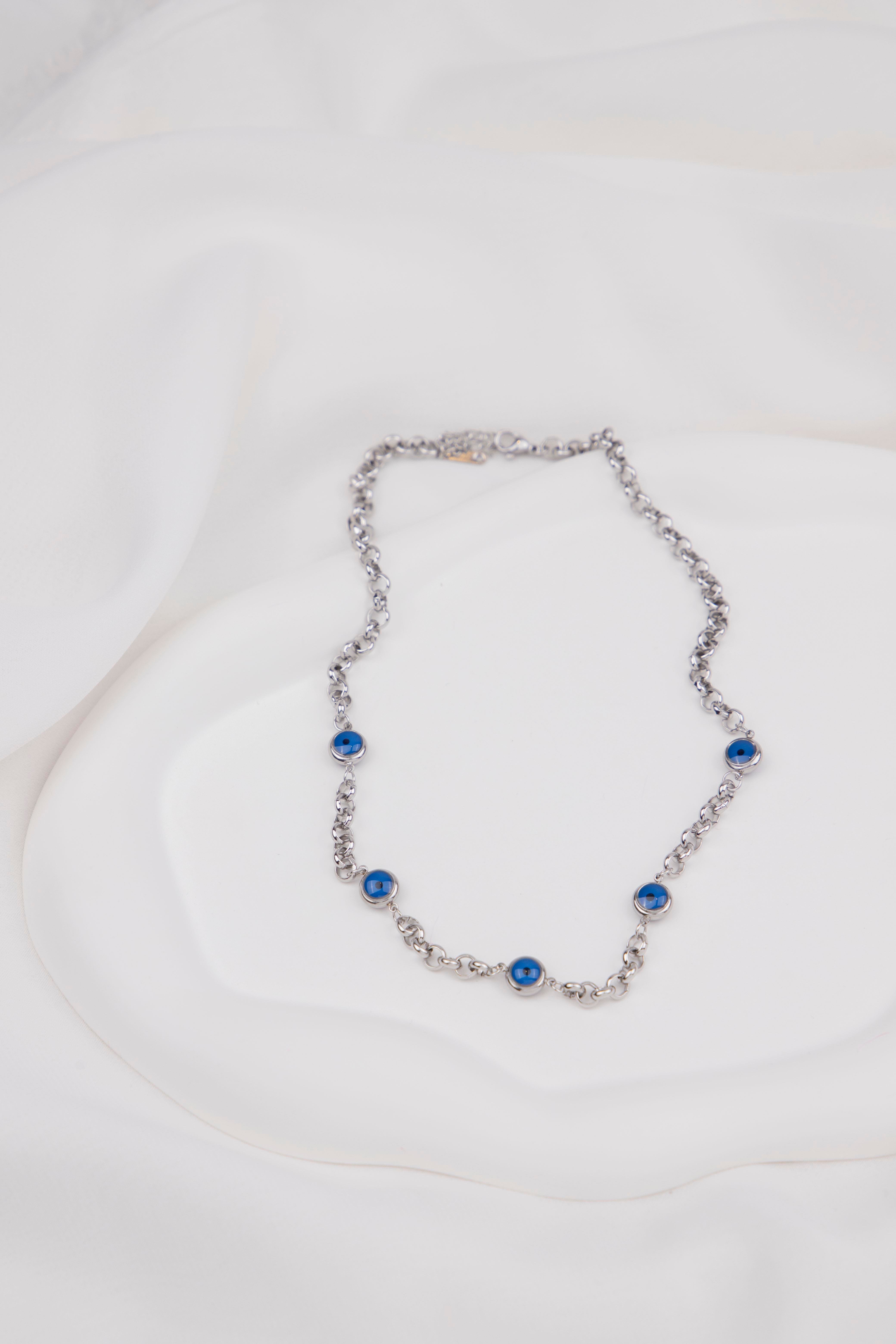 Nazar Sıralı Gümüş Çelik Kolye