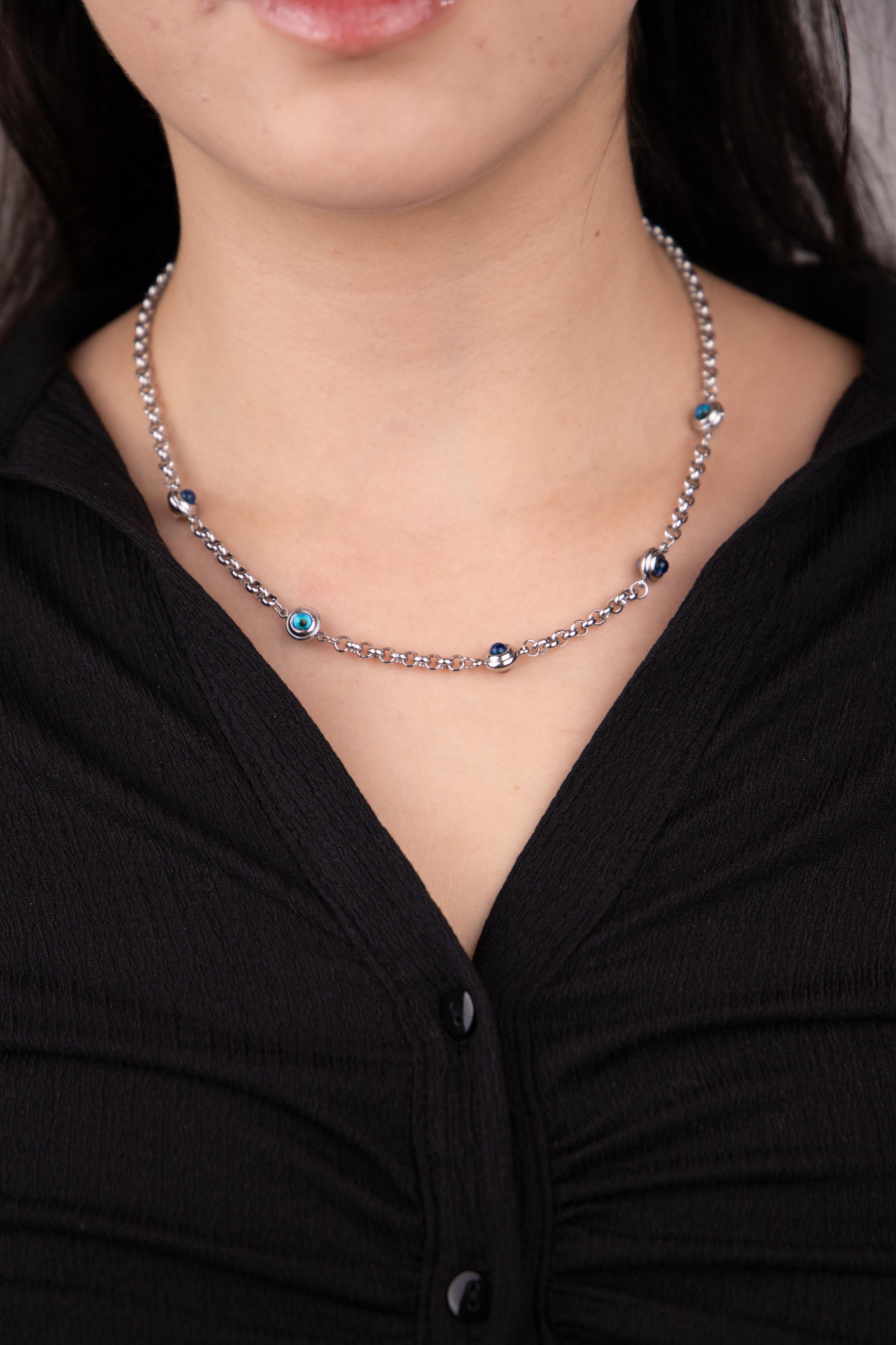 Nazar Sıralı Gümüş Çelik Kolye