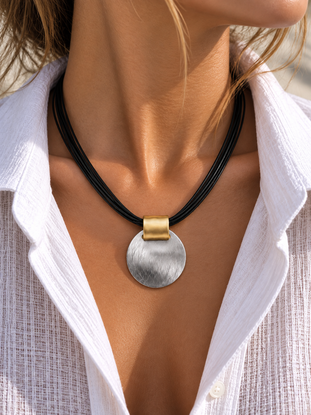 Oval Plaka Gold Silver Deri İp Kolye