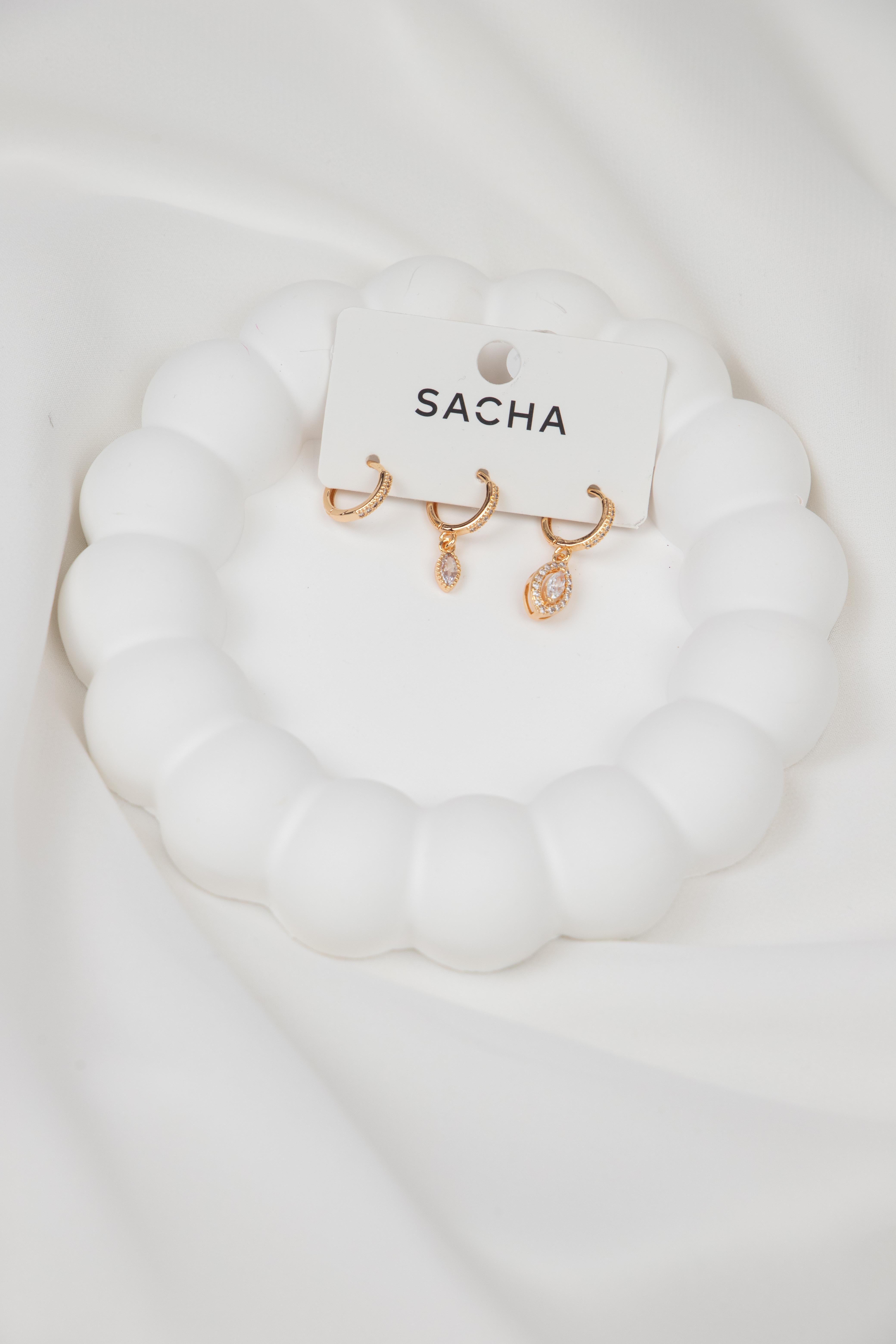 Oval Taşlı Gold Set Küpe