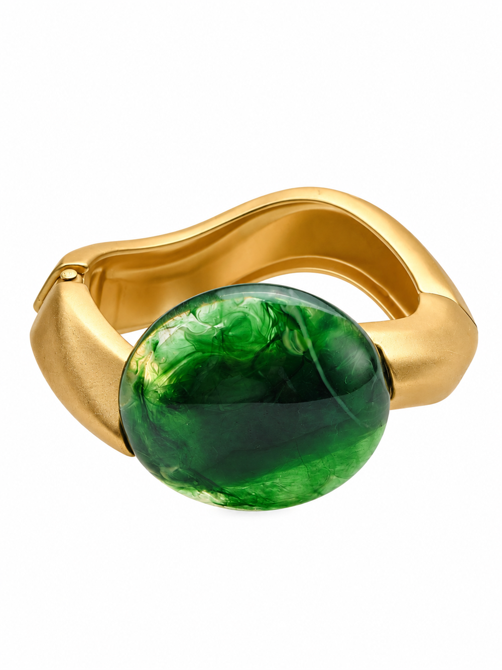 Oval Yeşil Taşlı Gold Kelepçe Bileklik