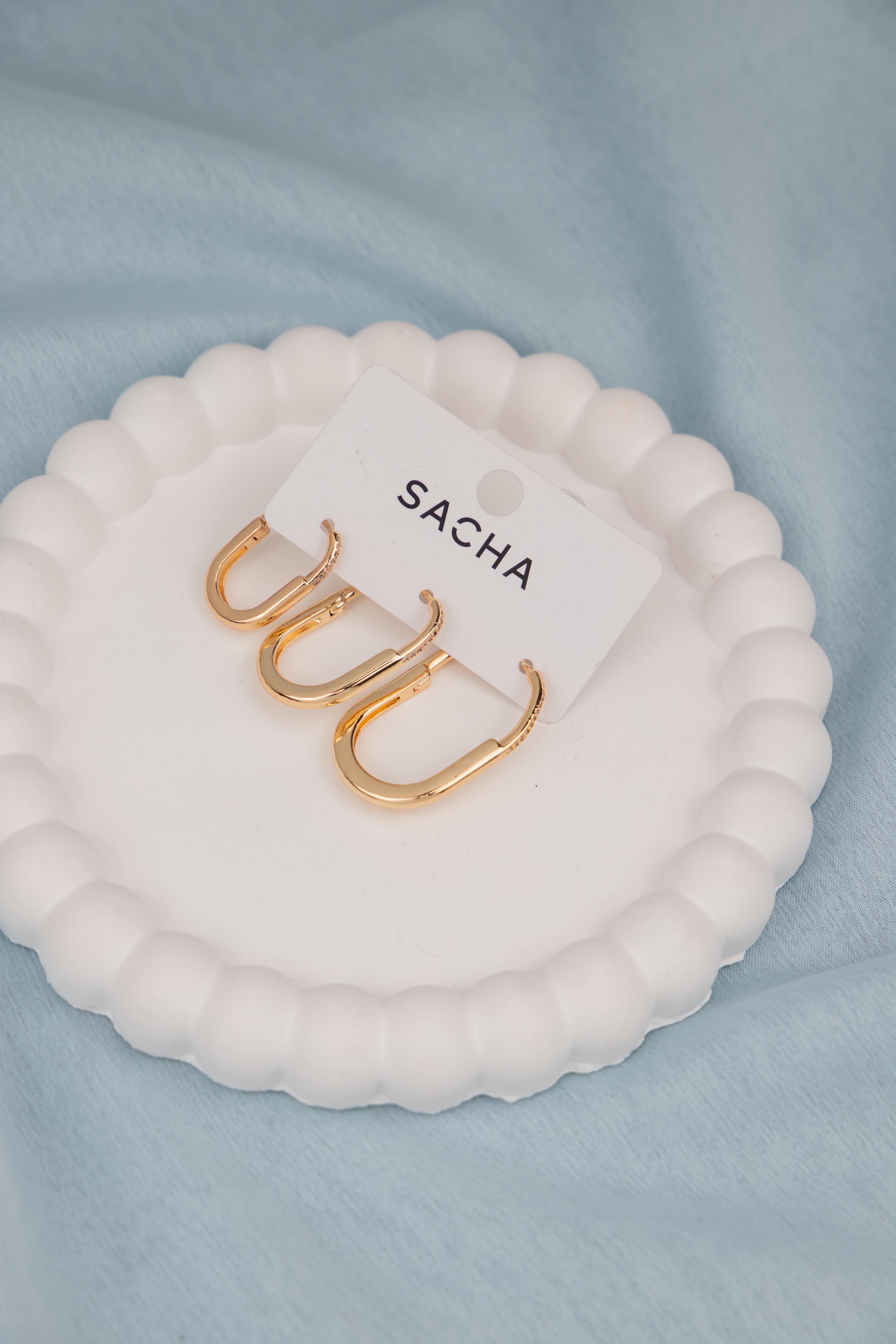 Oval Zirkon Taş Detaylı Gold Set Halka Küpe