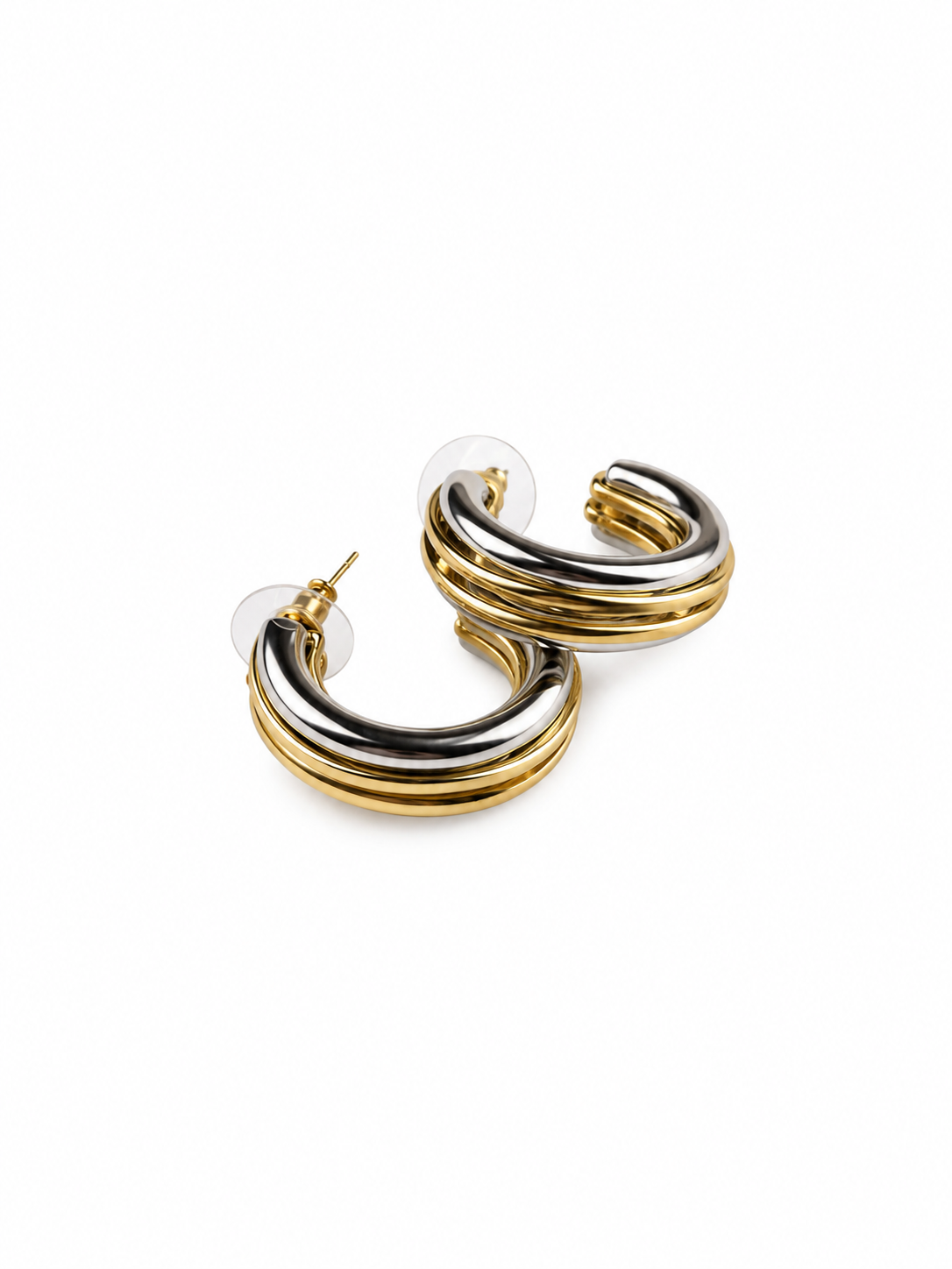 Sıralı Görünümlü Gold Silver Yarım Halka Küpe