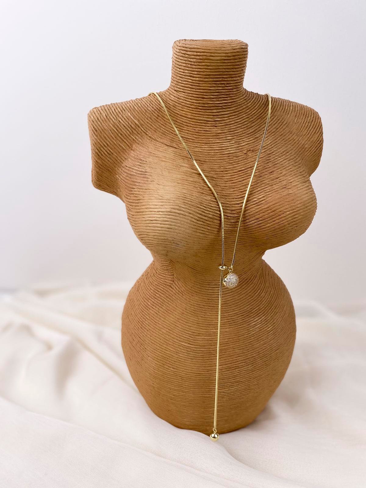 Topçuk Figürlü Taşlı Yılan Zincirli Gold Y Kolye