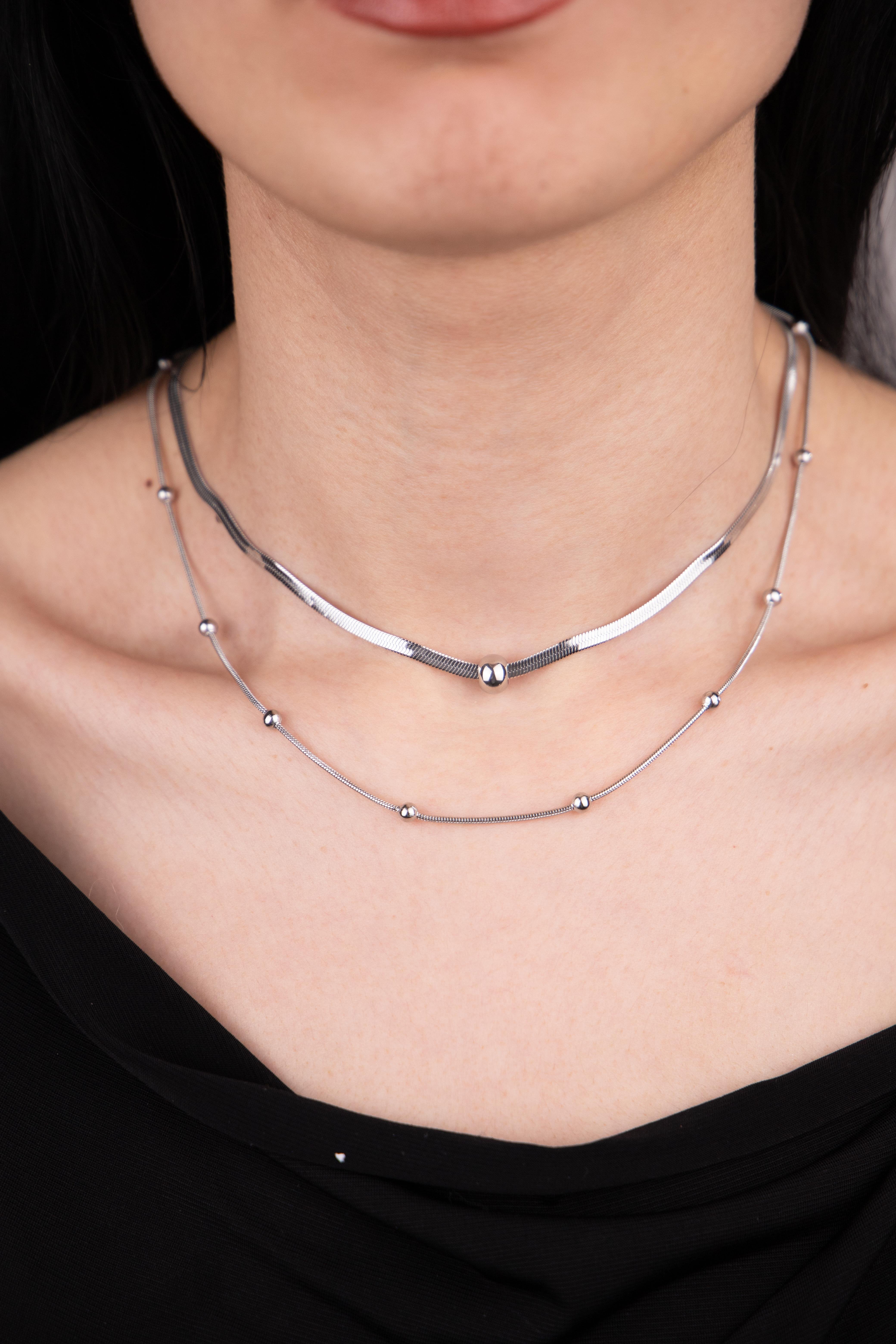 Topçuk ve İtalyan Zincirli Çift Sıra Gümüş Çelik Kolye