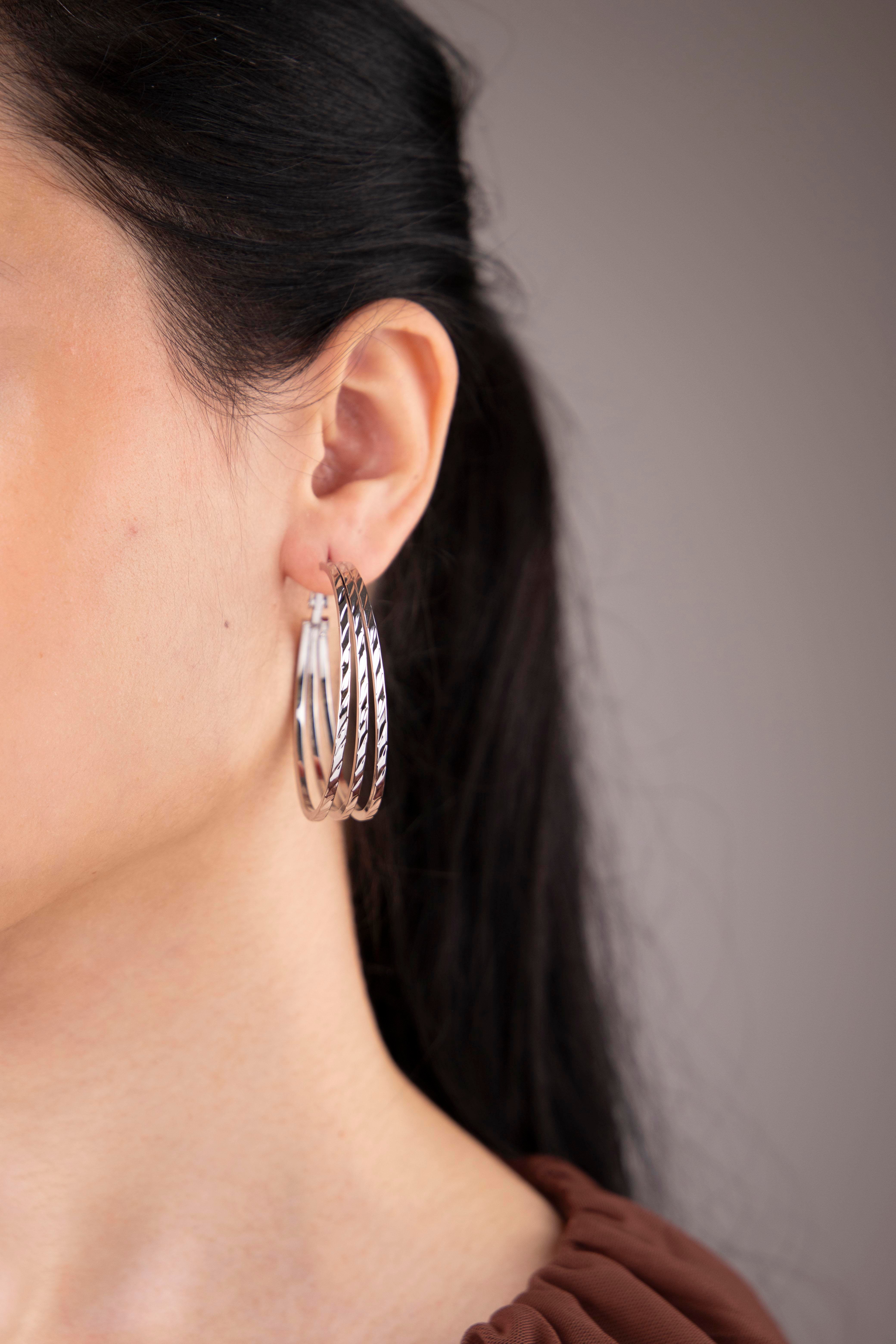 Üç Sıralı 4.5cm Gümüş Halka Küpe