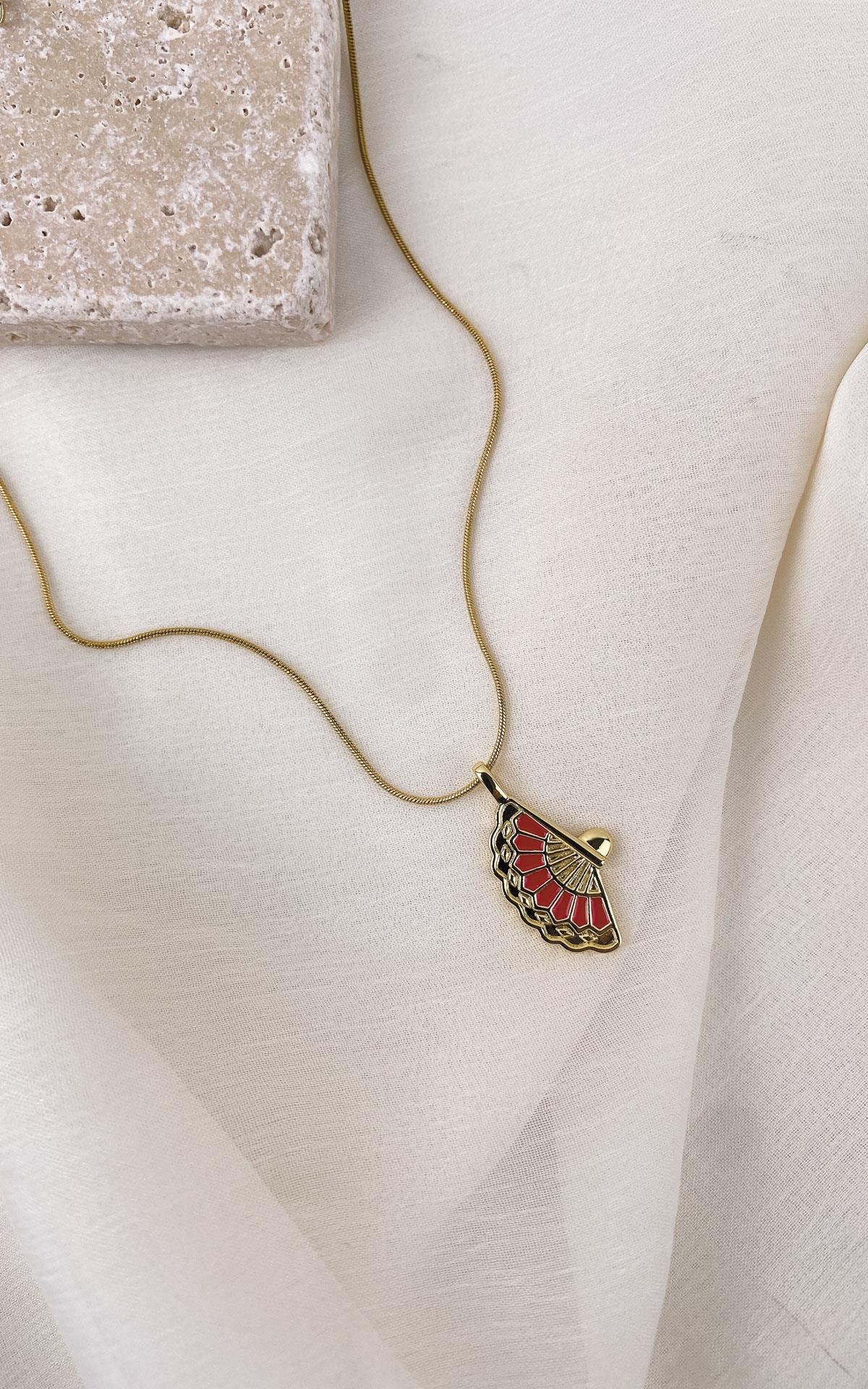 Yelpaze Figürlü Kırmızı Detaylı Gold Çelik Kolye