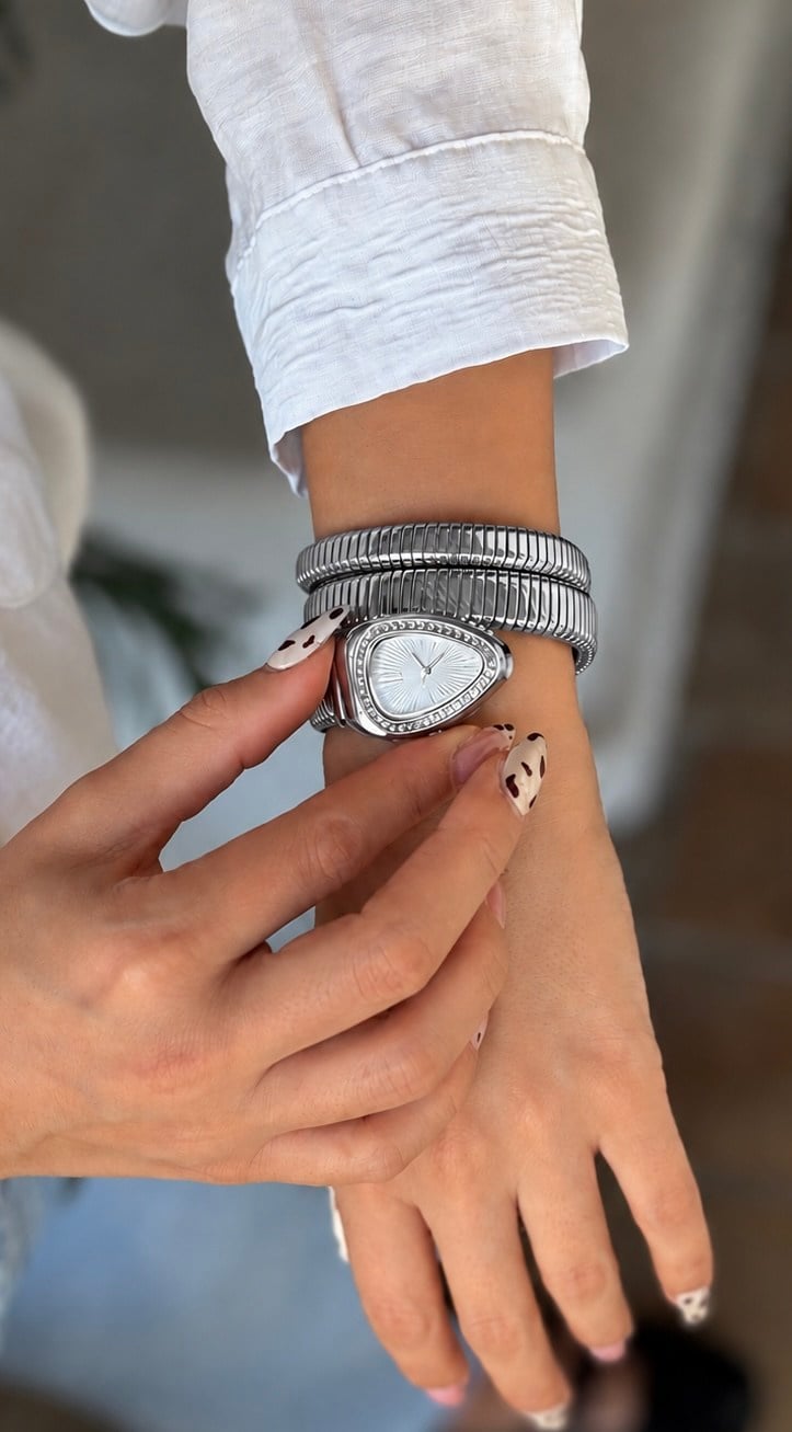 Yılan Figürlü Zirkon Silver Beyaz Kol Saati
