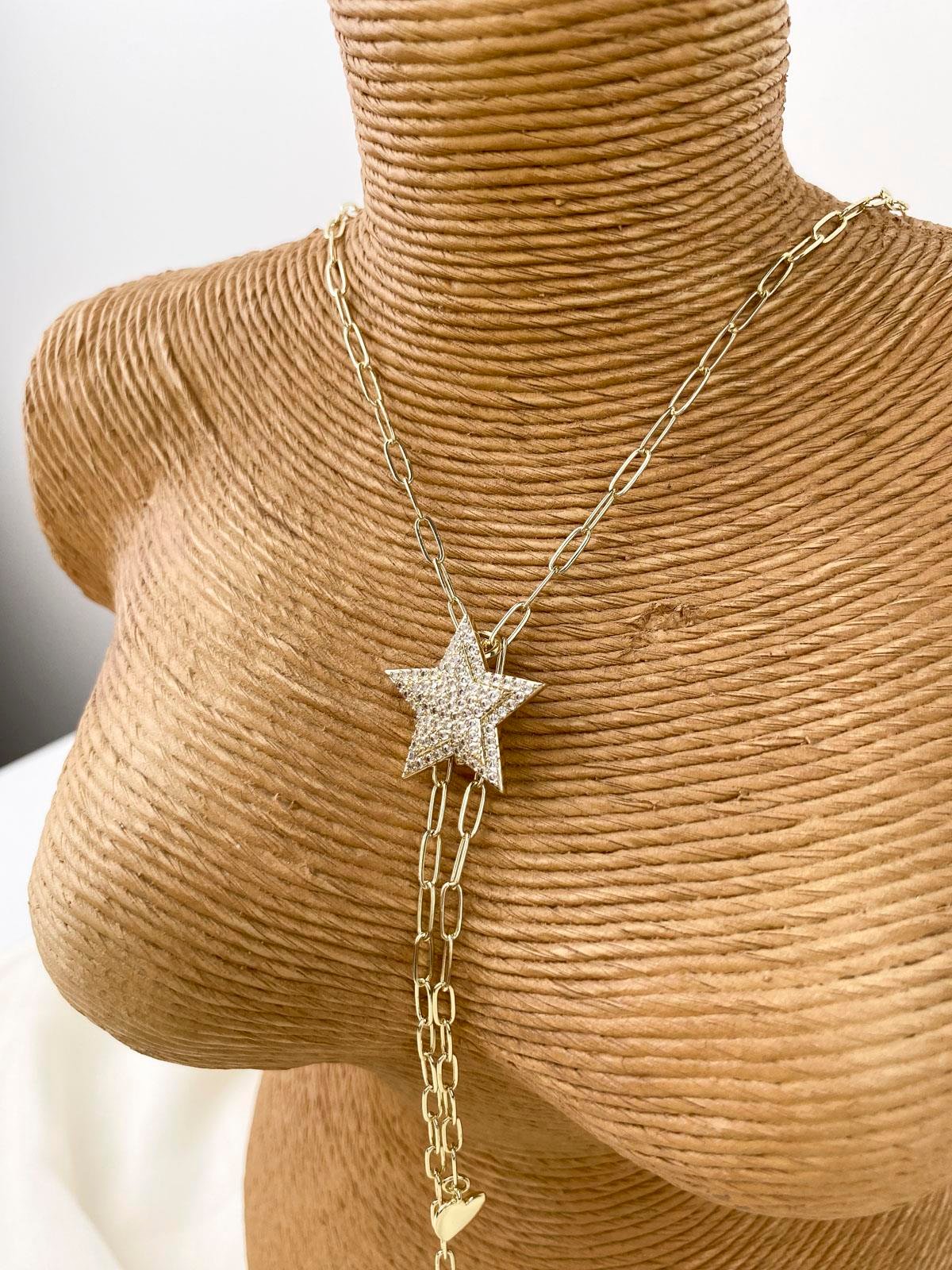 Yıldız Figürlü Taşlı Gold Y Kolye