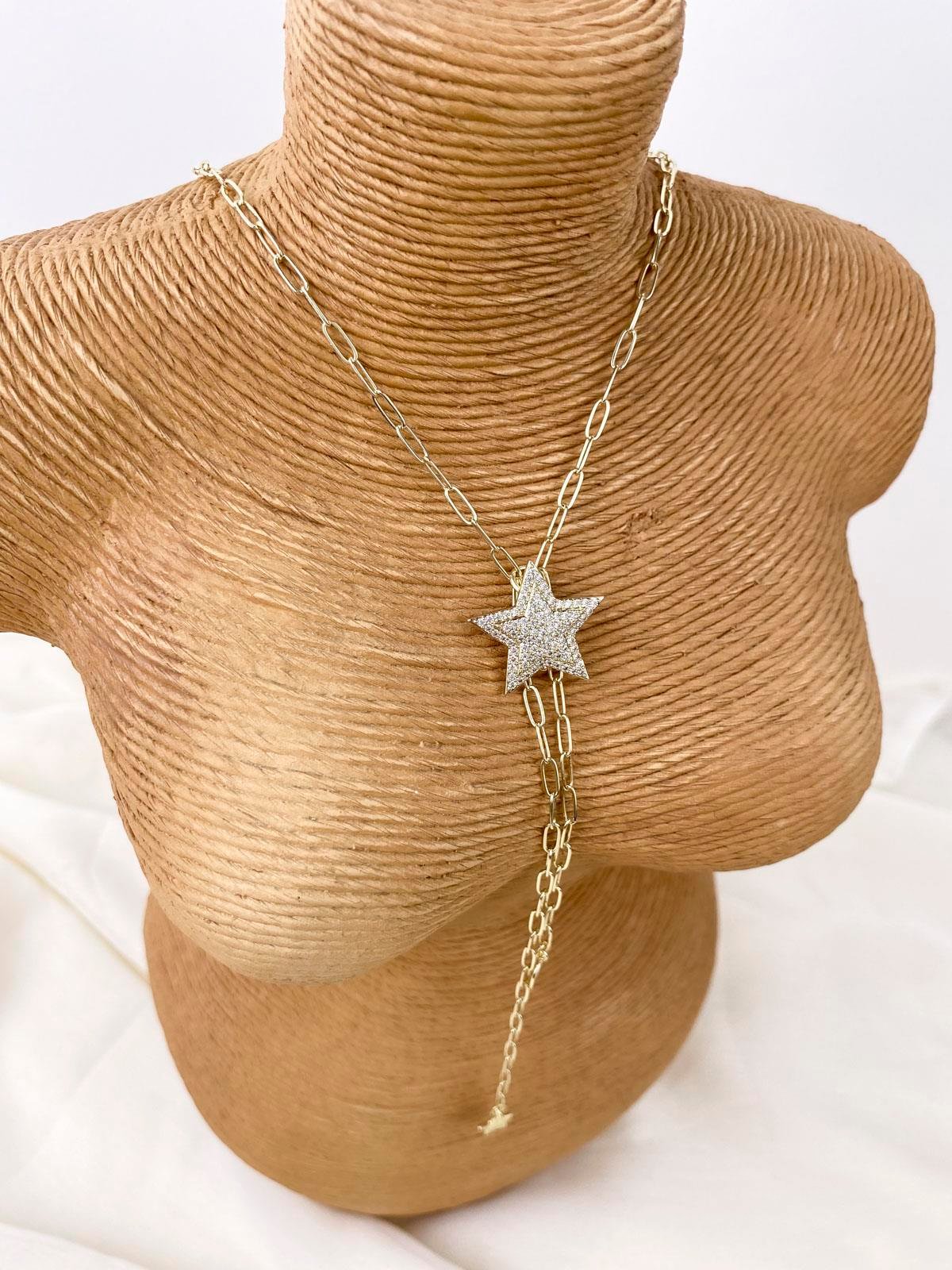 Yıldız Figürlü Taşlı Gold Y Kolye