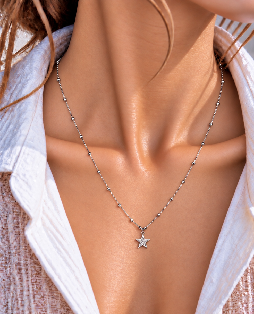 Yıldız Figürlü Topçuk Zincirli Silver Kolye