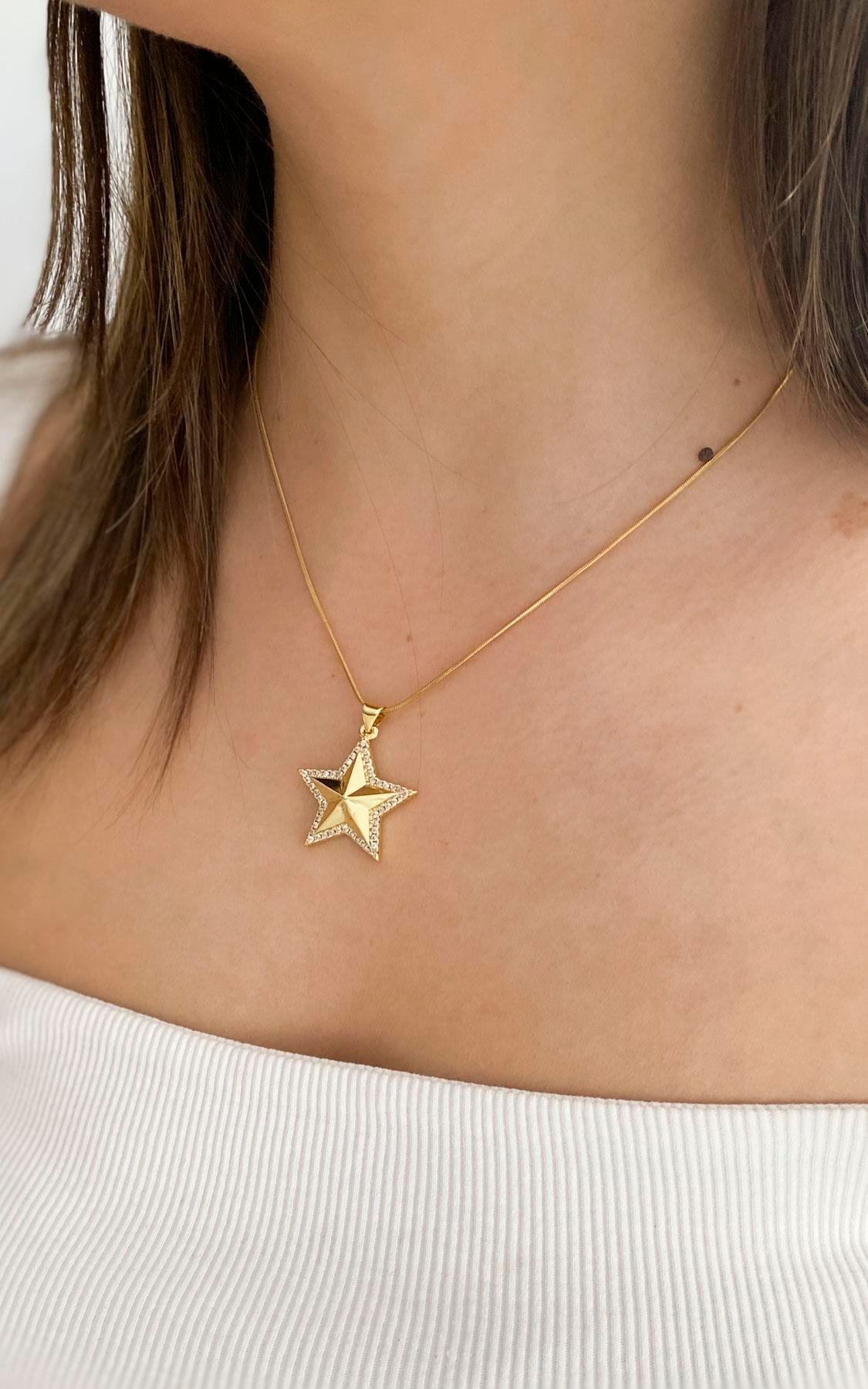 Yıldız Figürlü Zirkon Taşlı Gold Çelik Kolye