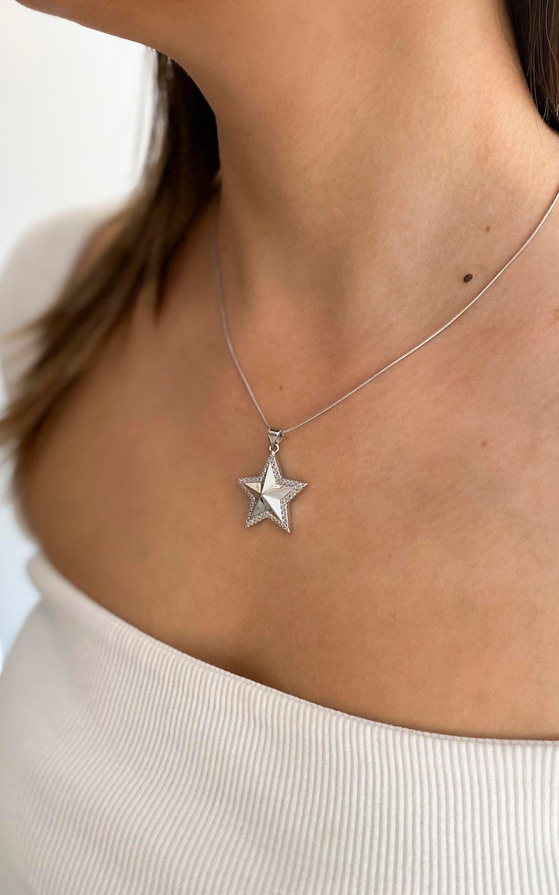 Yıldız Figürlü Zirkon Taşlı Gümüş Çelik Kolye