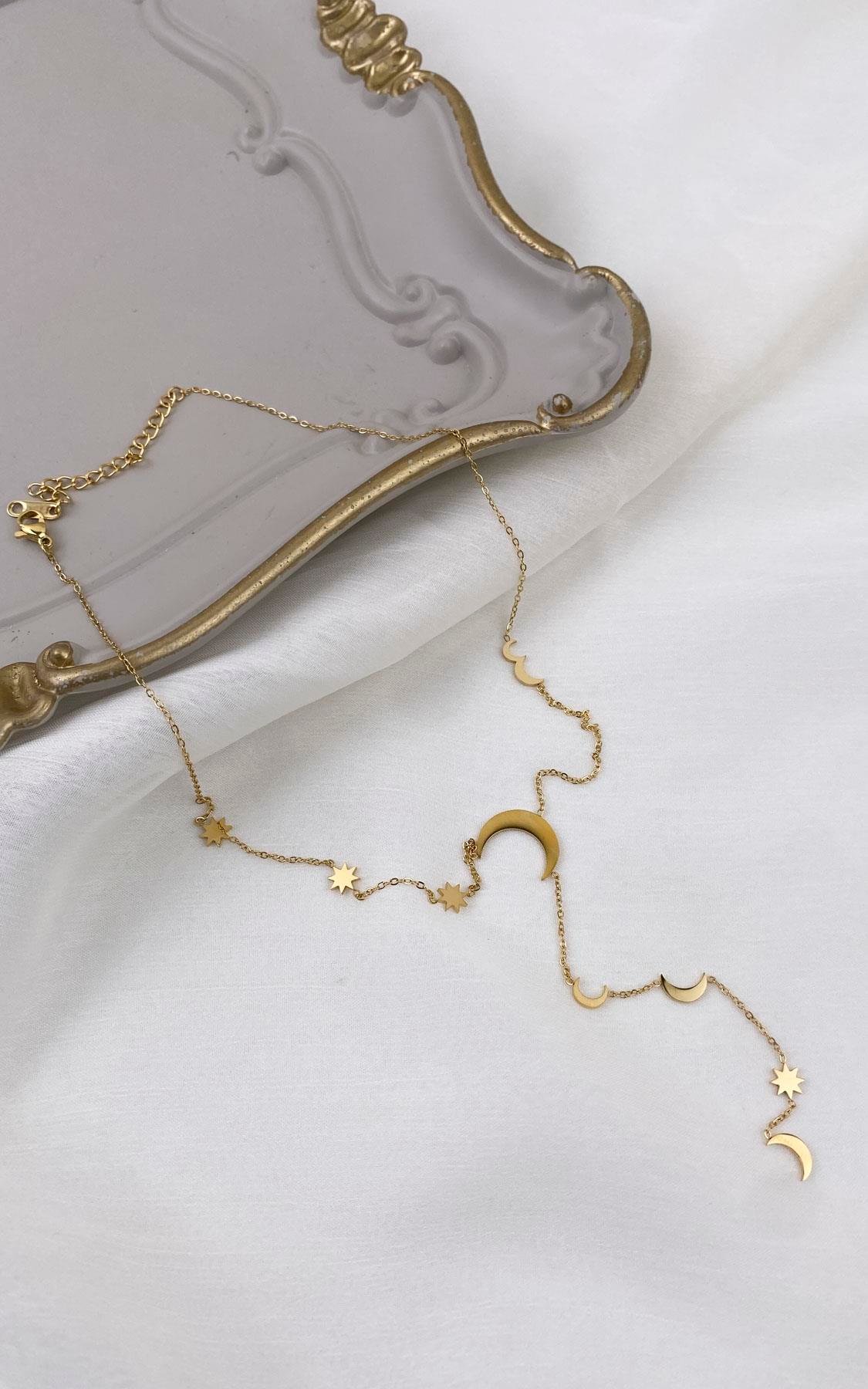 Yıldız ve Hilal Figürlü Gold Çelik Y Kolye