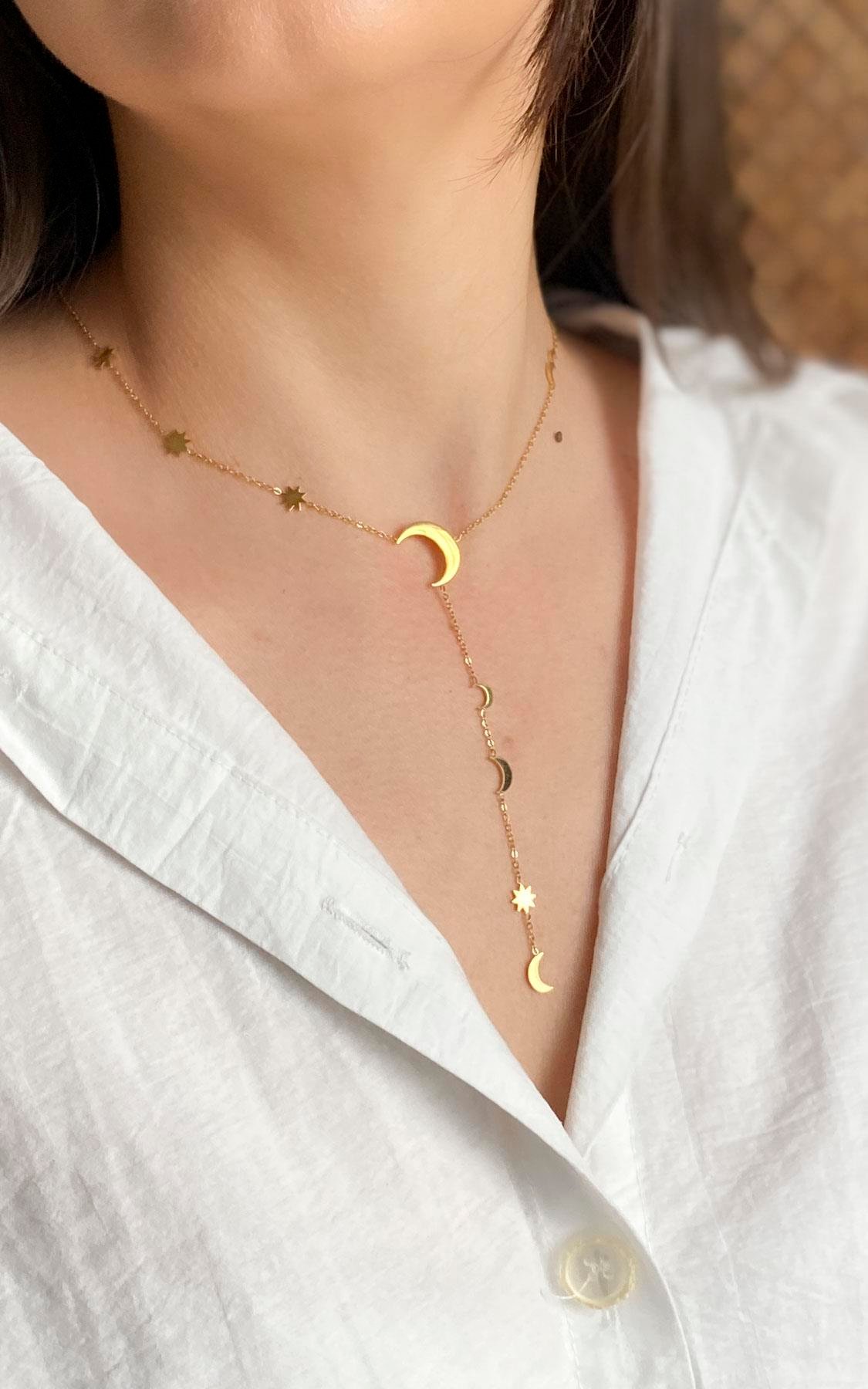 Yıldız ve Hilal Figürlü Gold Çelik Y Kolye