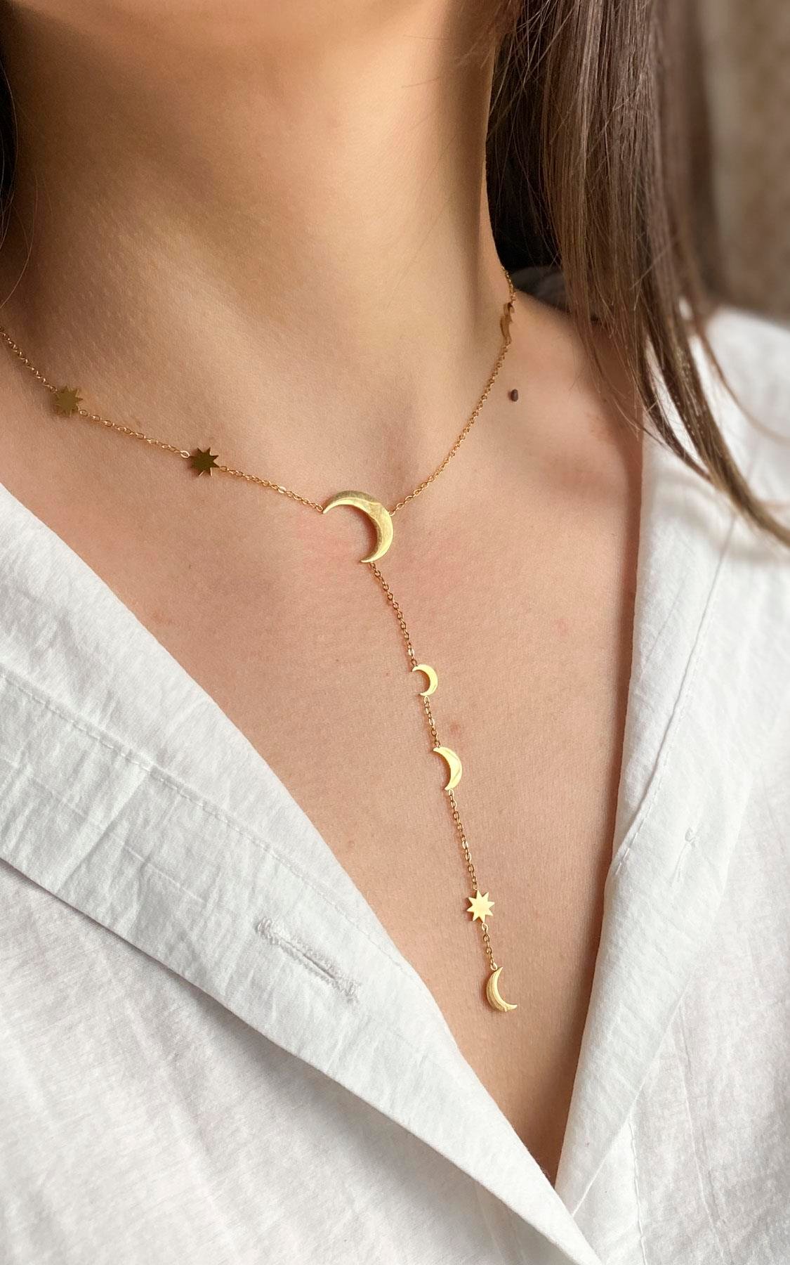 Yıldız ve Hilal Figürlü Gold Çelik Y Kolye