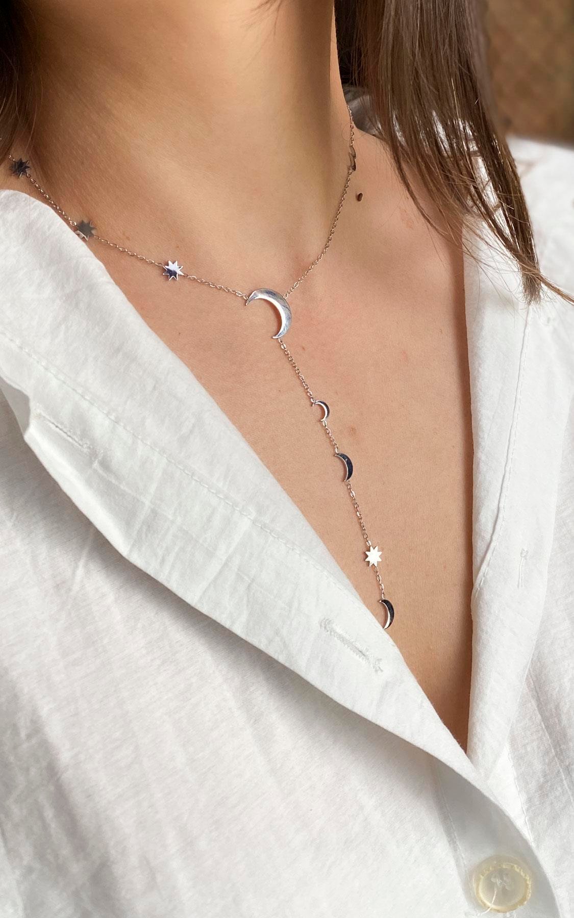 Yıldız ve Hilal Figürlü Gümüş Çelik Y Kolye