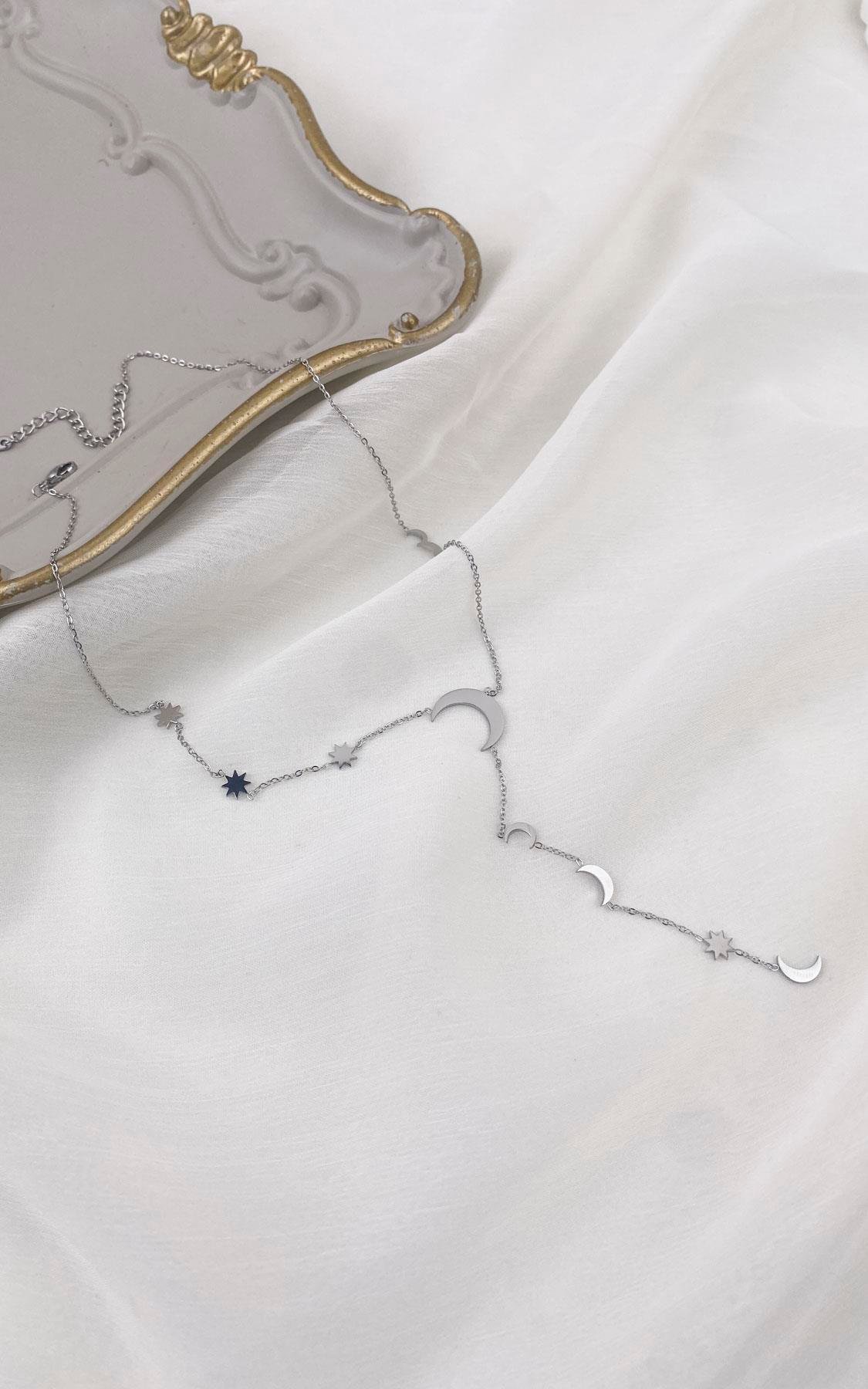 Yıldız ve Hilal Figürlü Gümüş Çelik Y Kolye