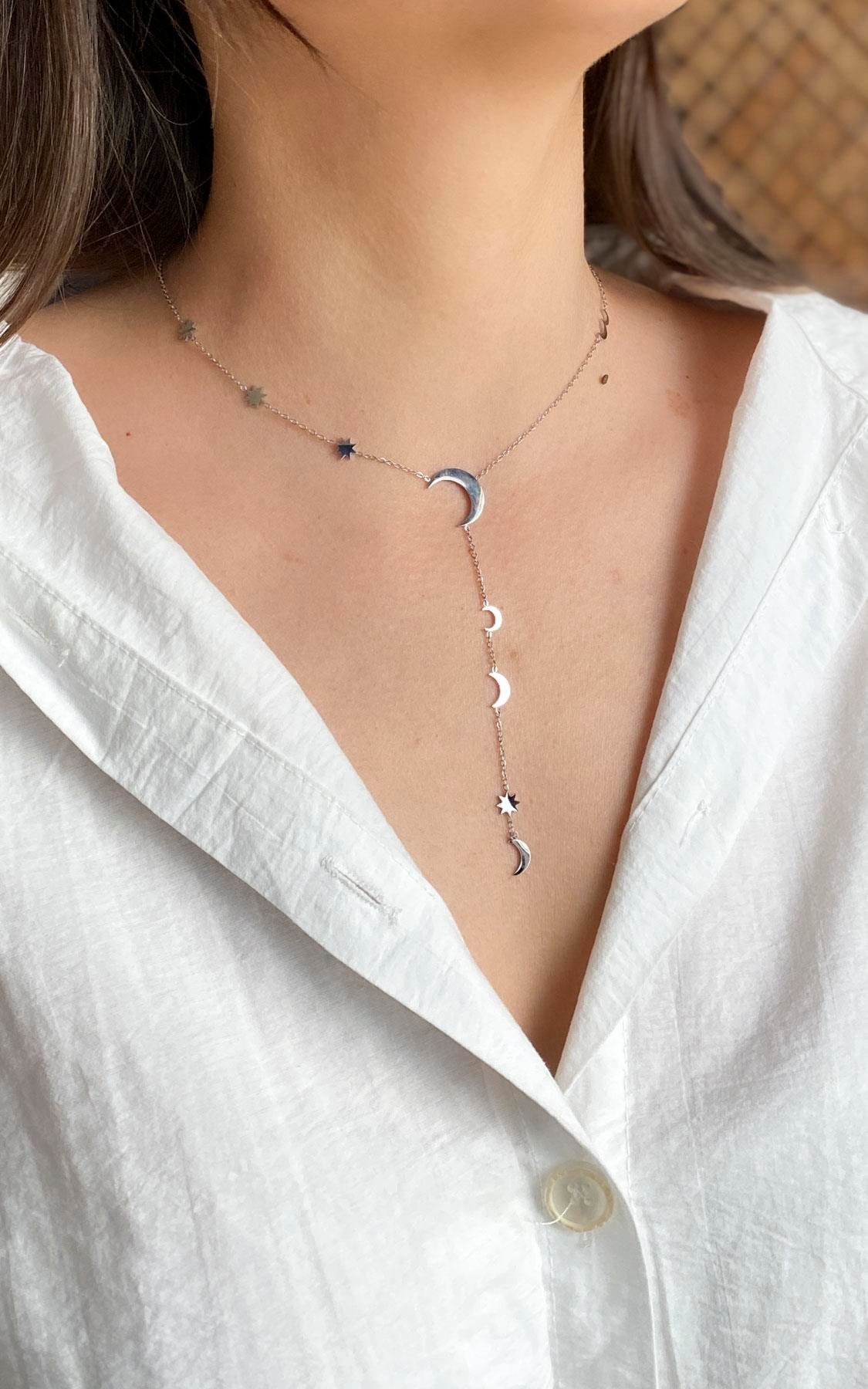 Yıldız ve Hilal Figürlü Gümüş Çelik Y Kolye