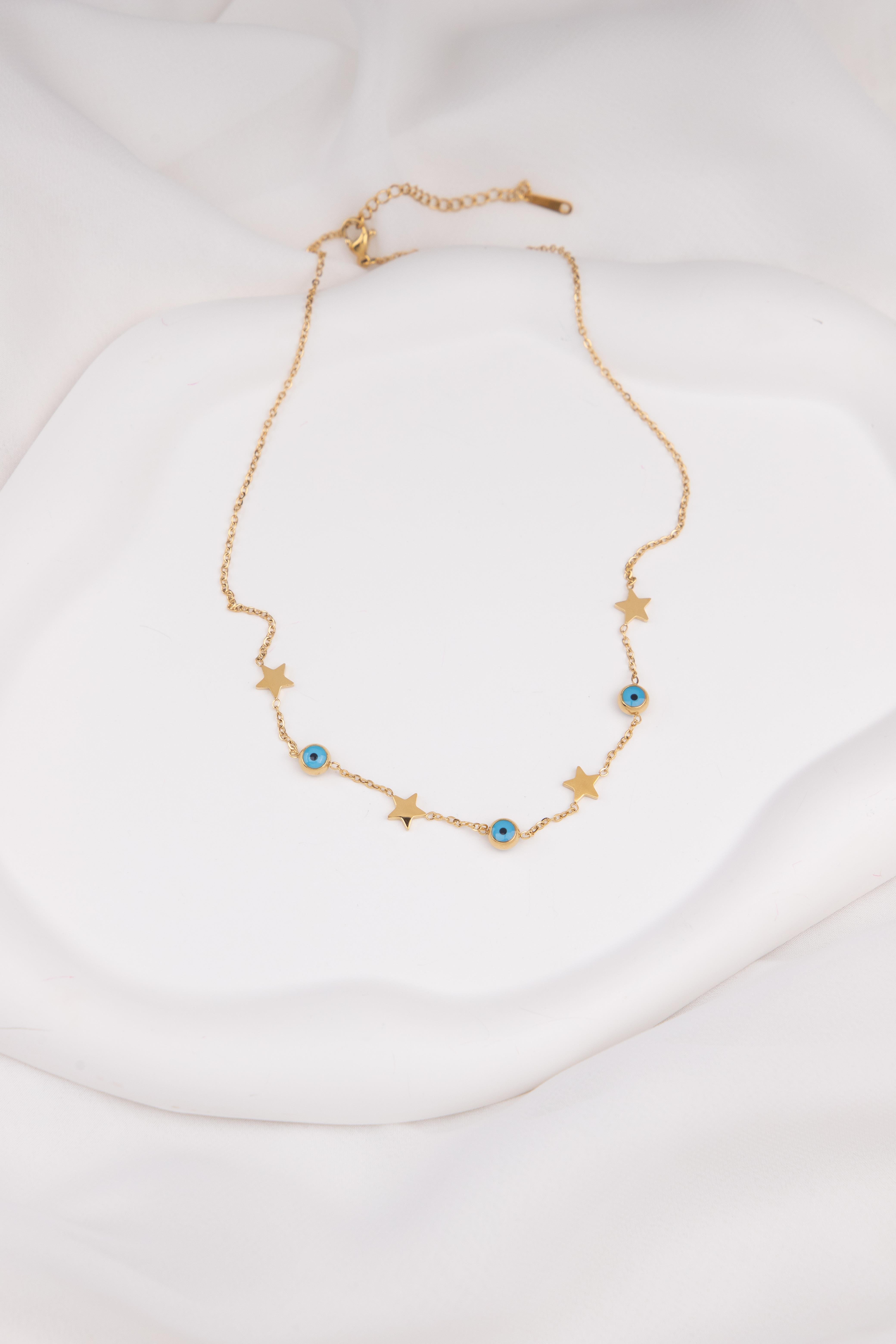 Yıldız ve Nazar Sıralı Gold Çelik Kolye