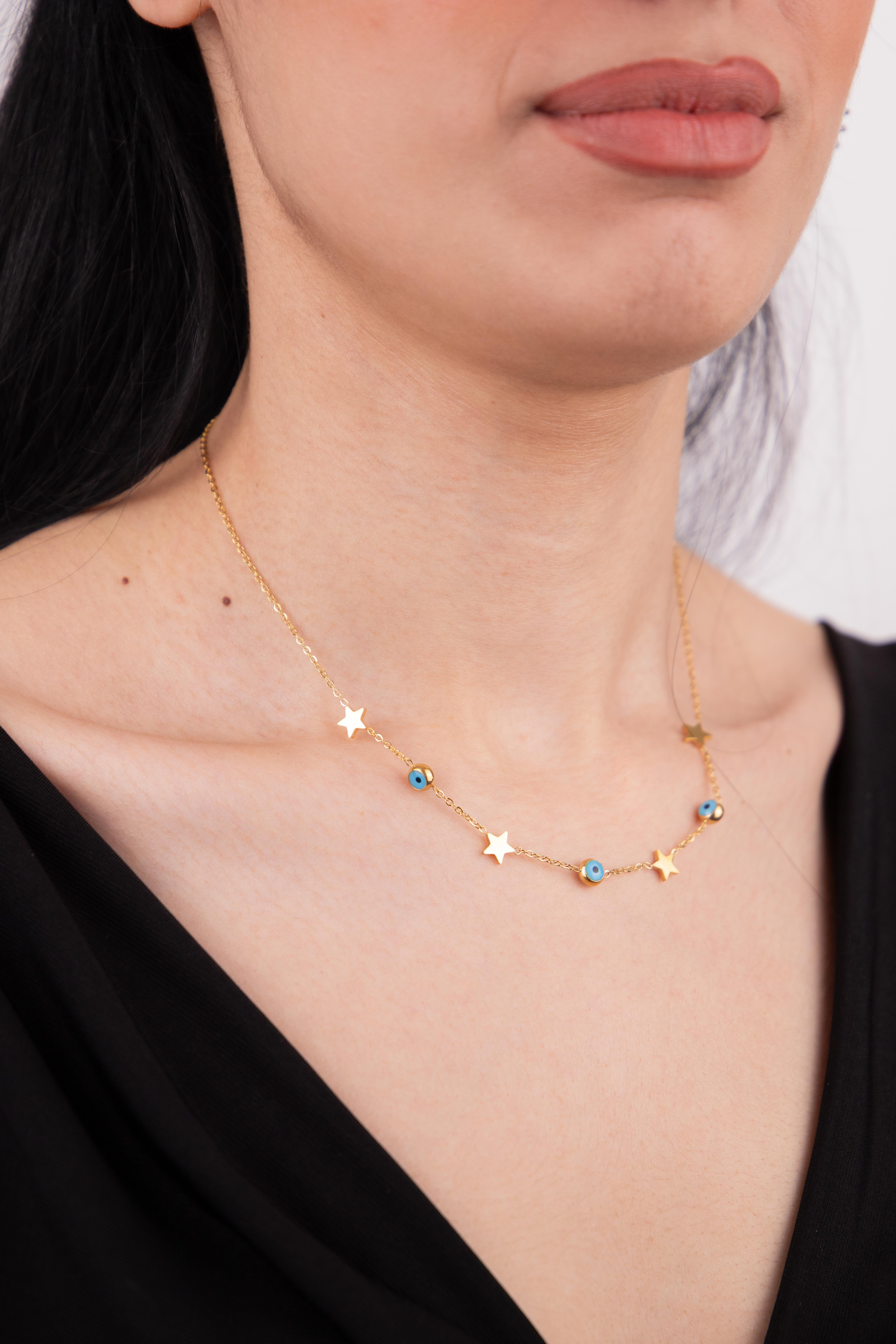 Yıldız ve Nazar Sıralı Gold Çelik Kolye