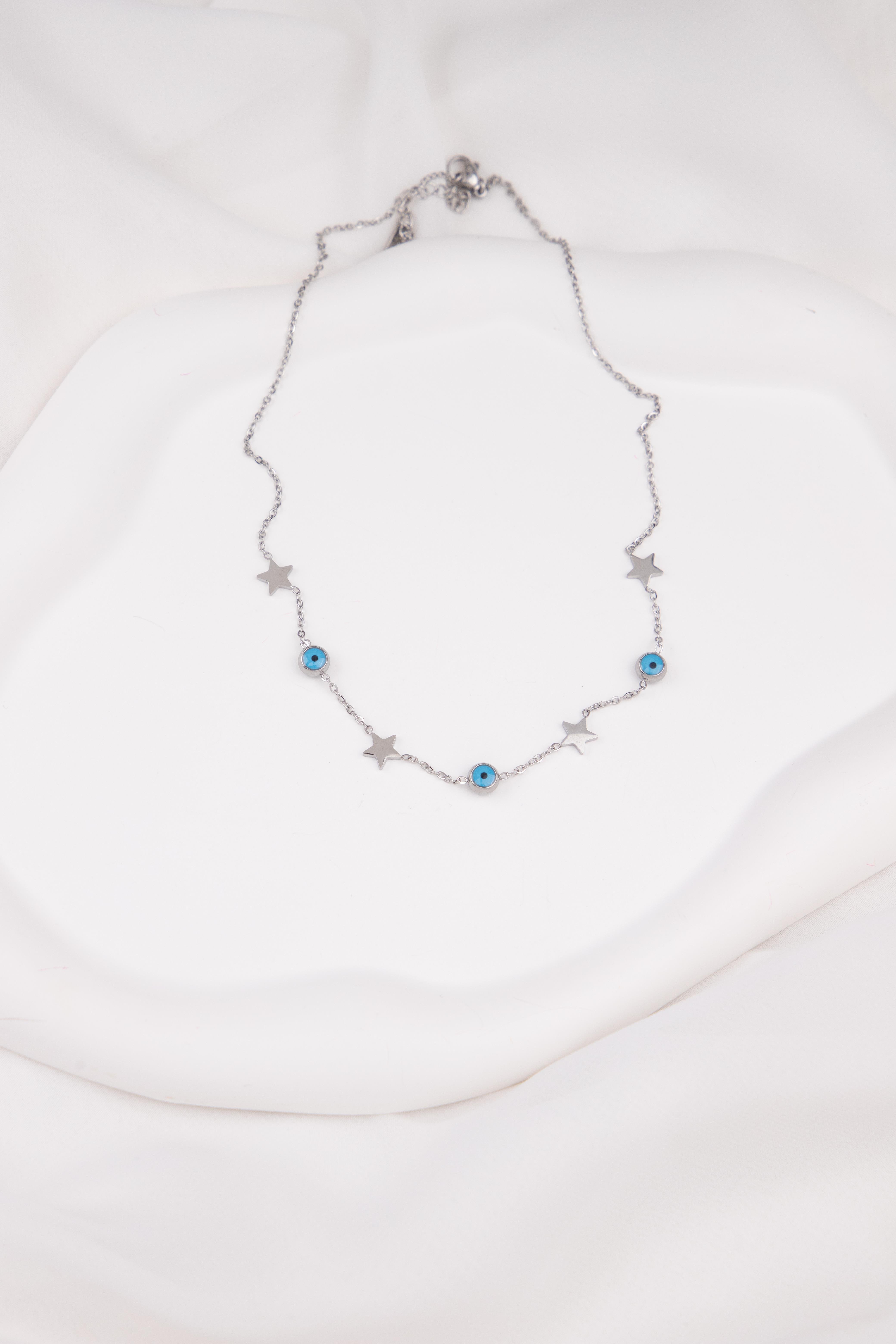 Yıldız ve Nazar Sıralı Gümüş Çelik Kolye