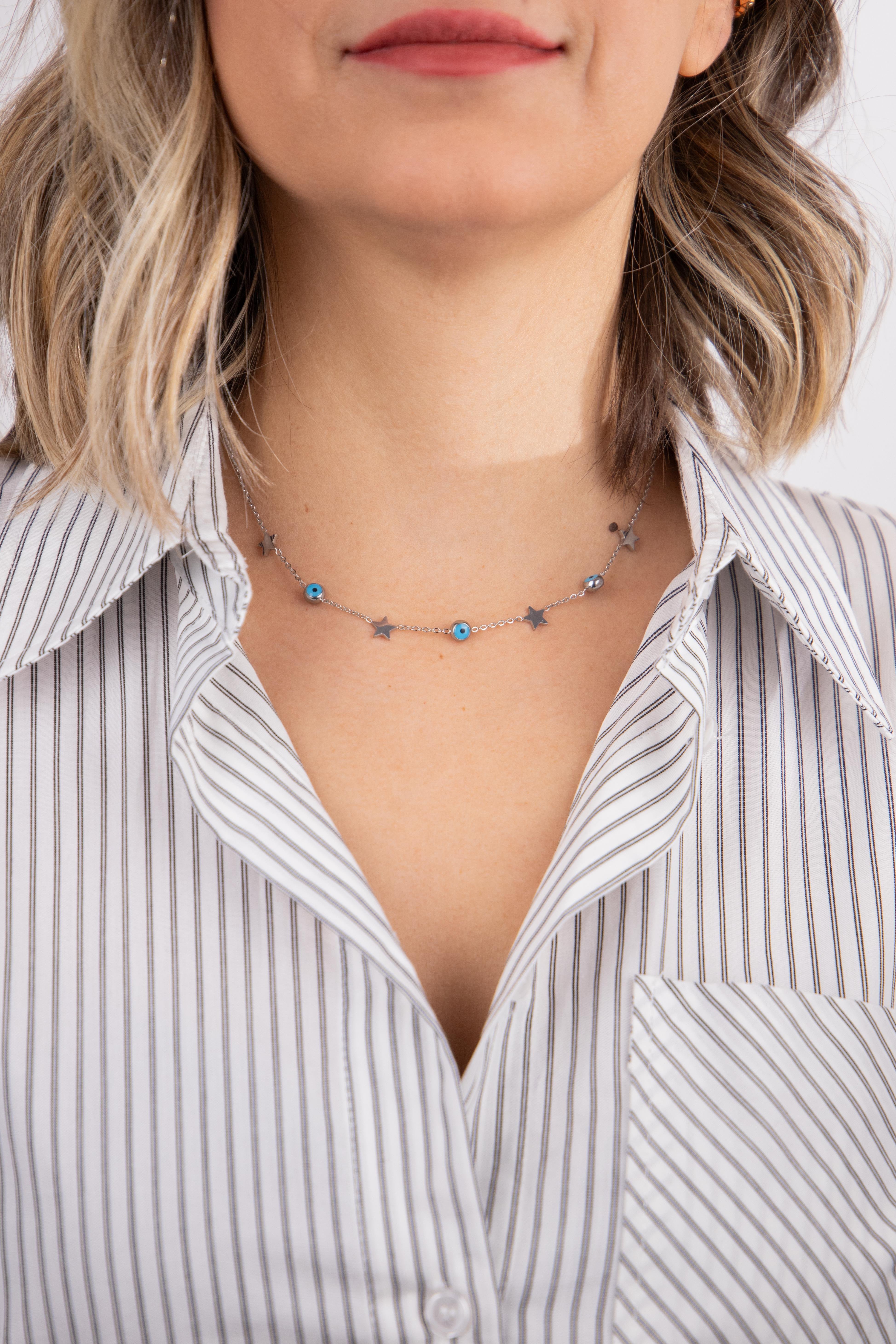 Yıldız ve Nazar Sıralı Gümüş Çelik Kolye