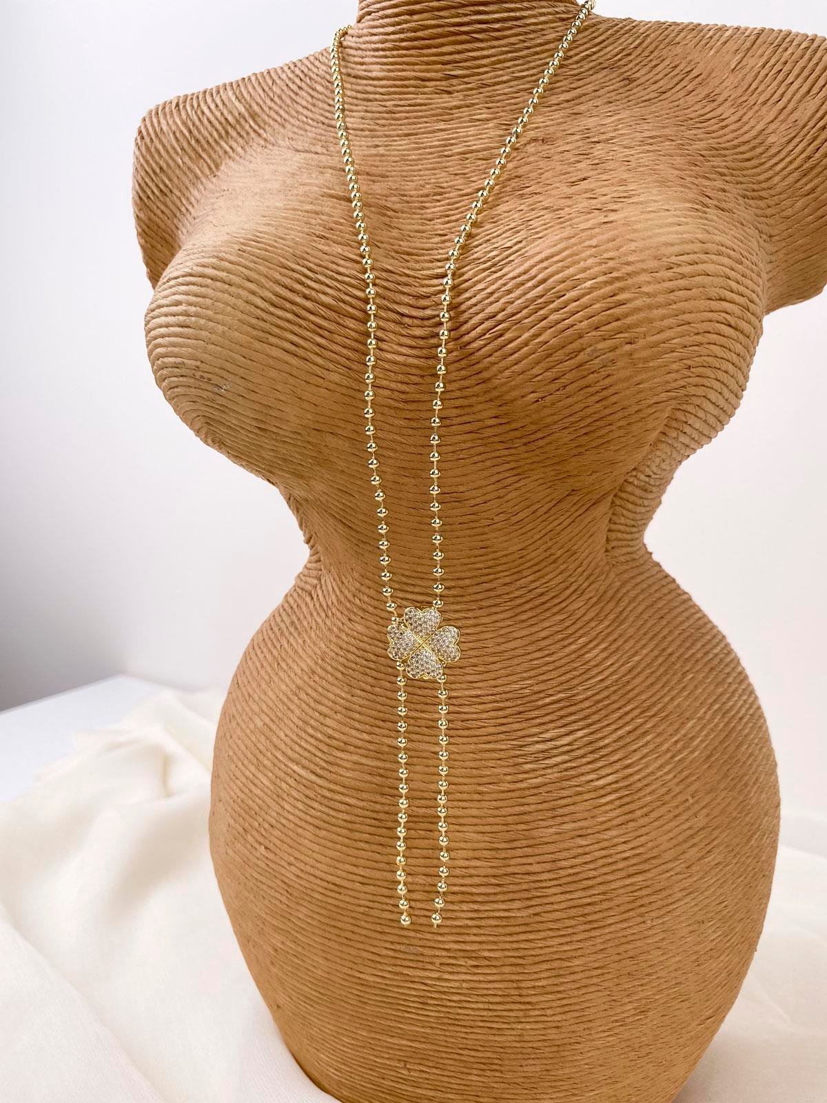 Yonca Figürlü Taşlı Topçuk Zincir Gold Y Kolye