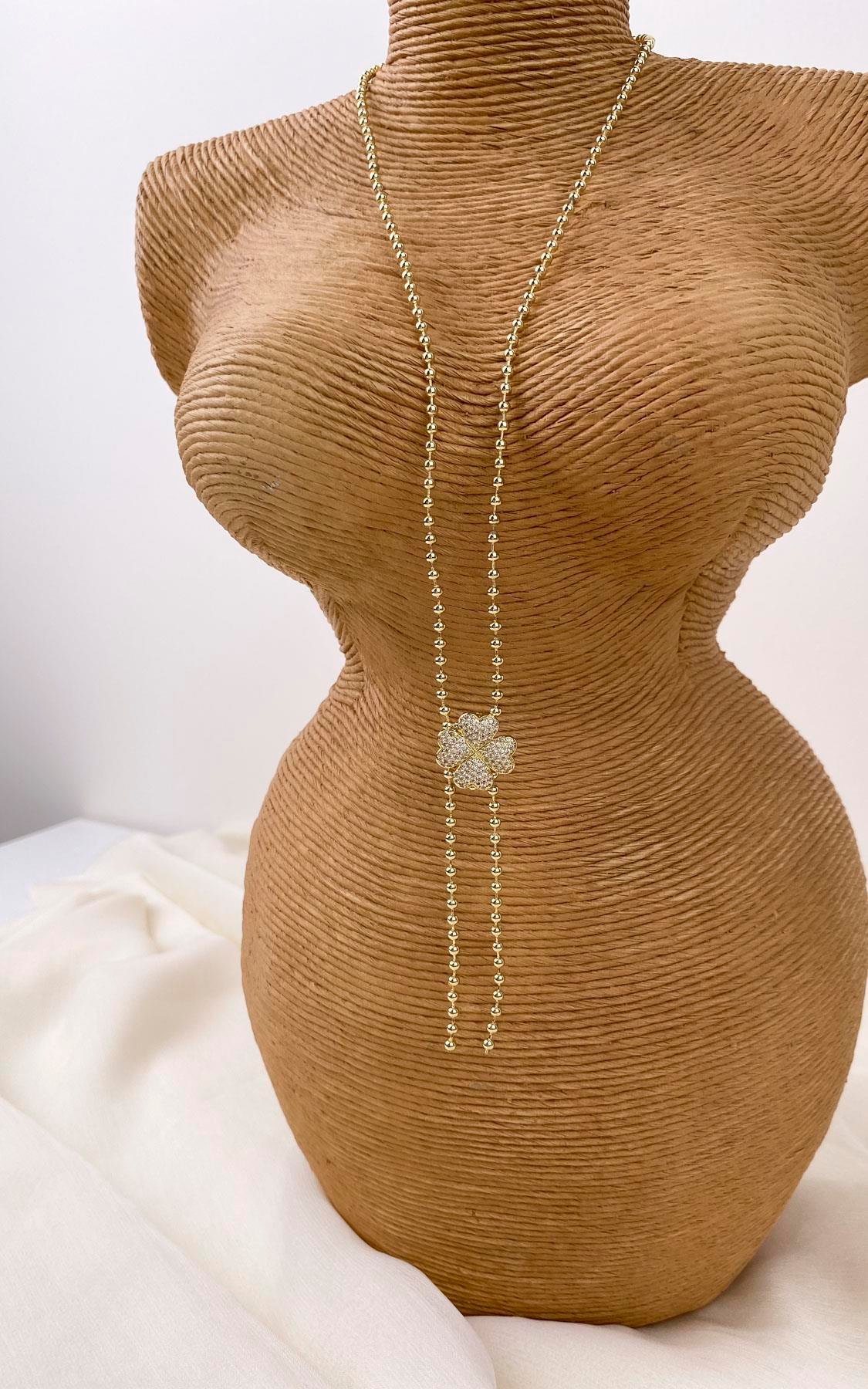 Yonca Figürlü Taşlı Topçuk Zincir Gold Y Kolye