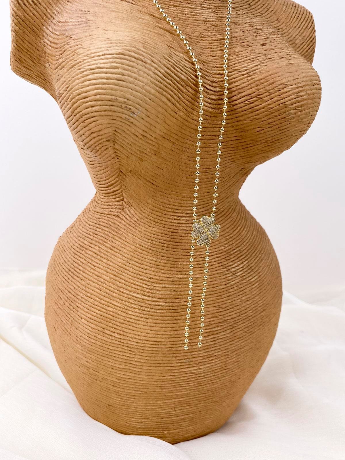 Yonca Figürlü Taşlı Topçuk Zincir Gold Y Kolye