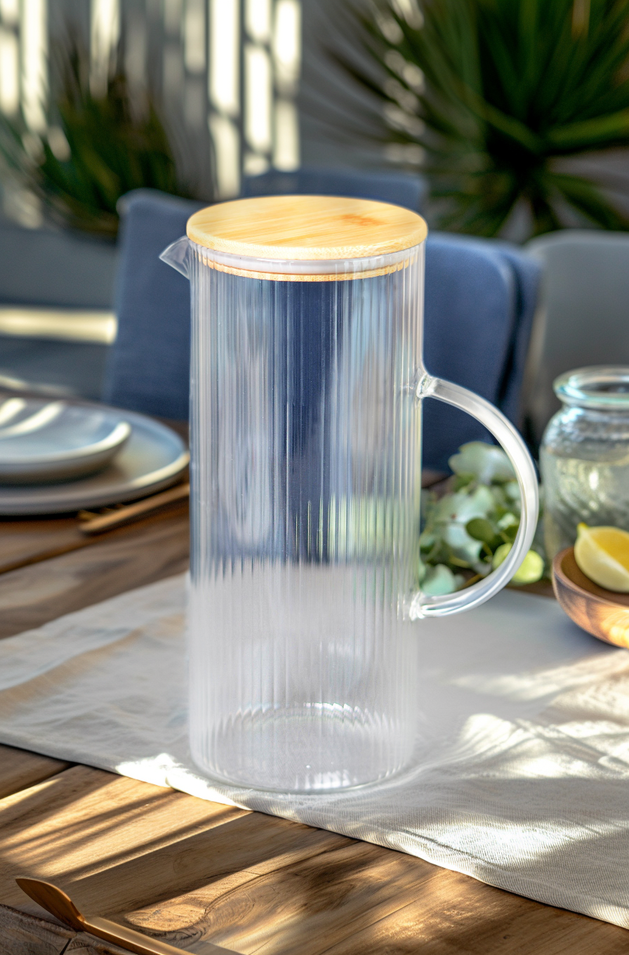 PAÇİ-ALİSA 1500 ML ÇİZGİLİ BAMBU KAPAK CAM SÜRAHİ