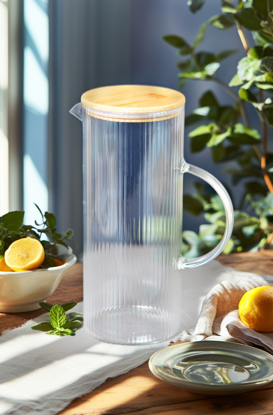 PAÇİ-ALİSA 1500 ML ÇİZGİLİ BAMBU KAPAK CAM SÜRAHİ