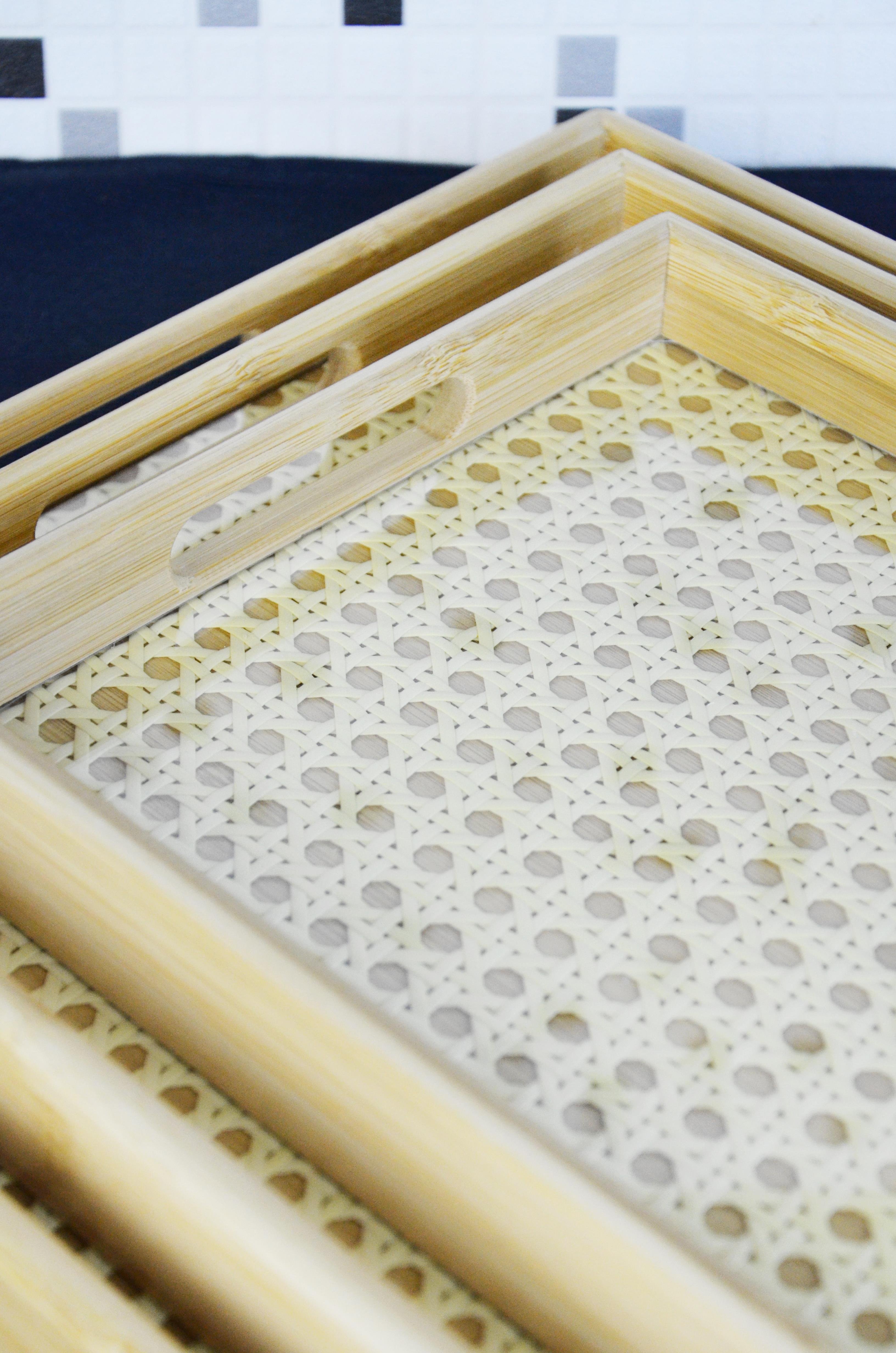 PAÇİ-BAMBU 3'LÜ DİKTÖRTGEN CAMLI DEKORATİF TEPSİ