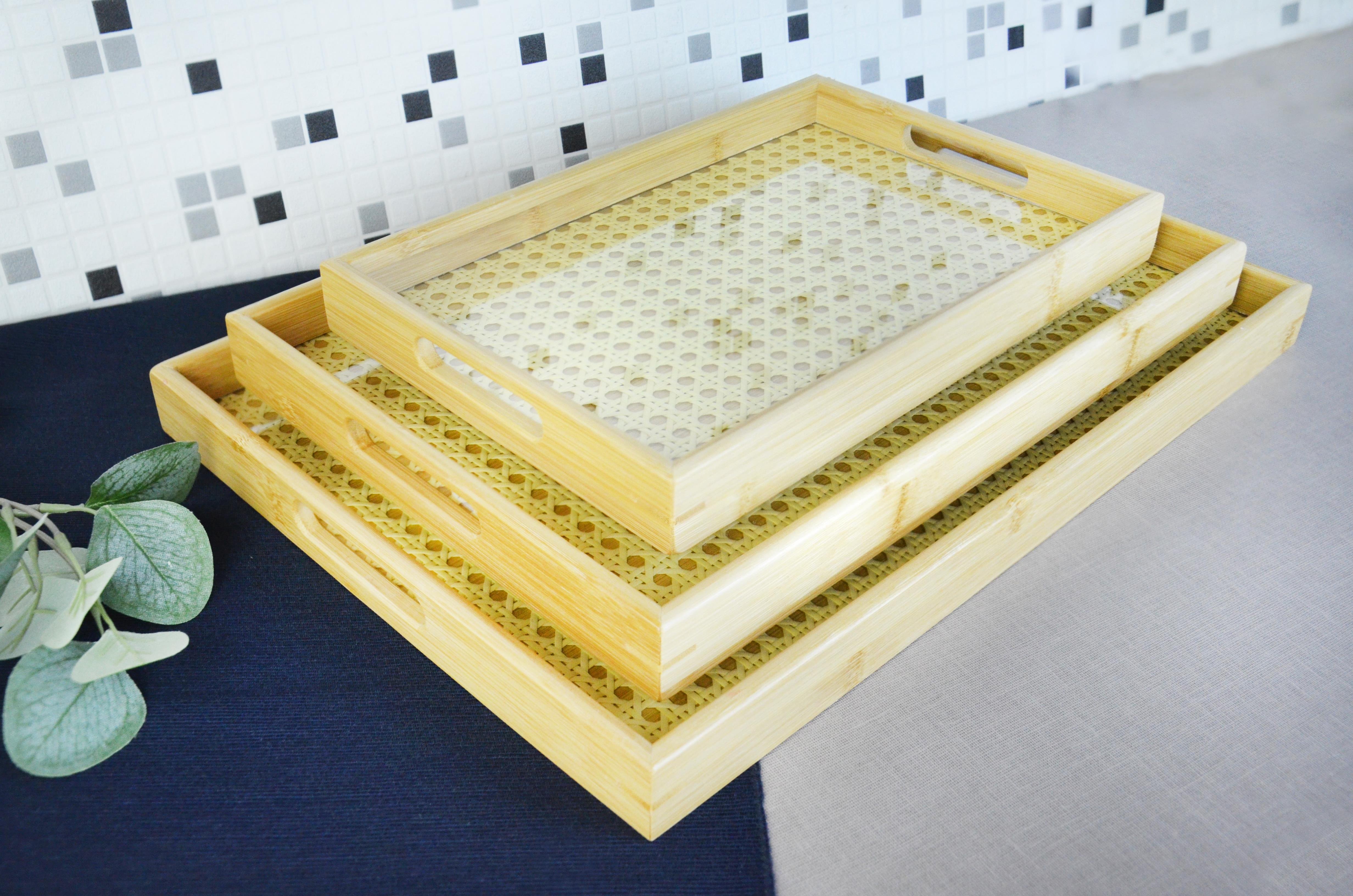 PAÇİ-BAMBU 3'LÜ DİKTÖRTGEN CAMLI DEKORATİF TEPSİ