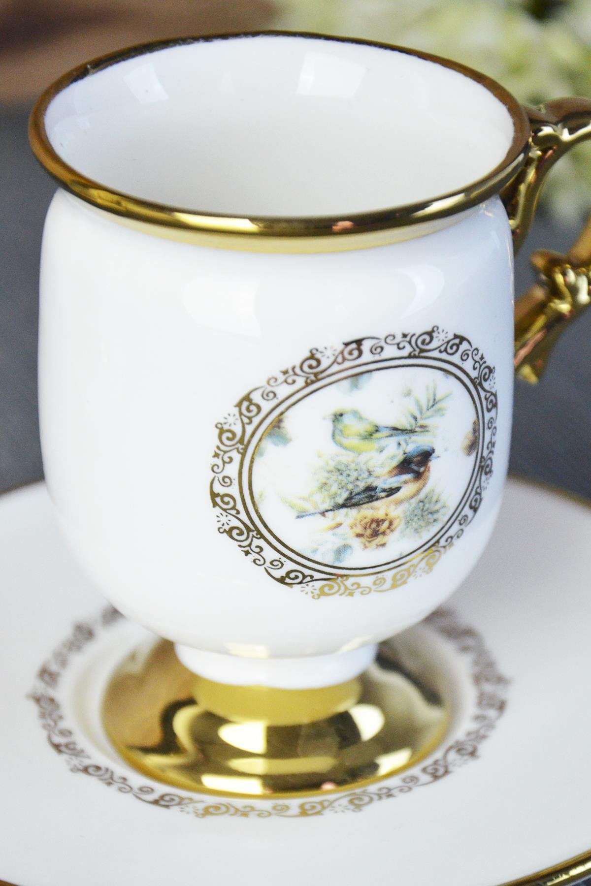 PAÇİ-DESİRE AYAKLI BEYAZ YALDIZLI KUŞLU KAHVE FİNCANI