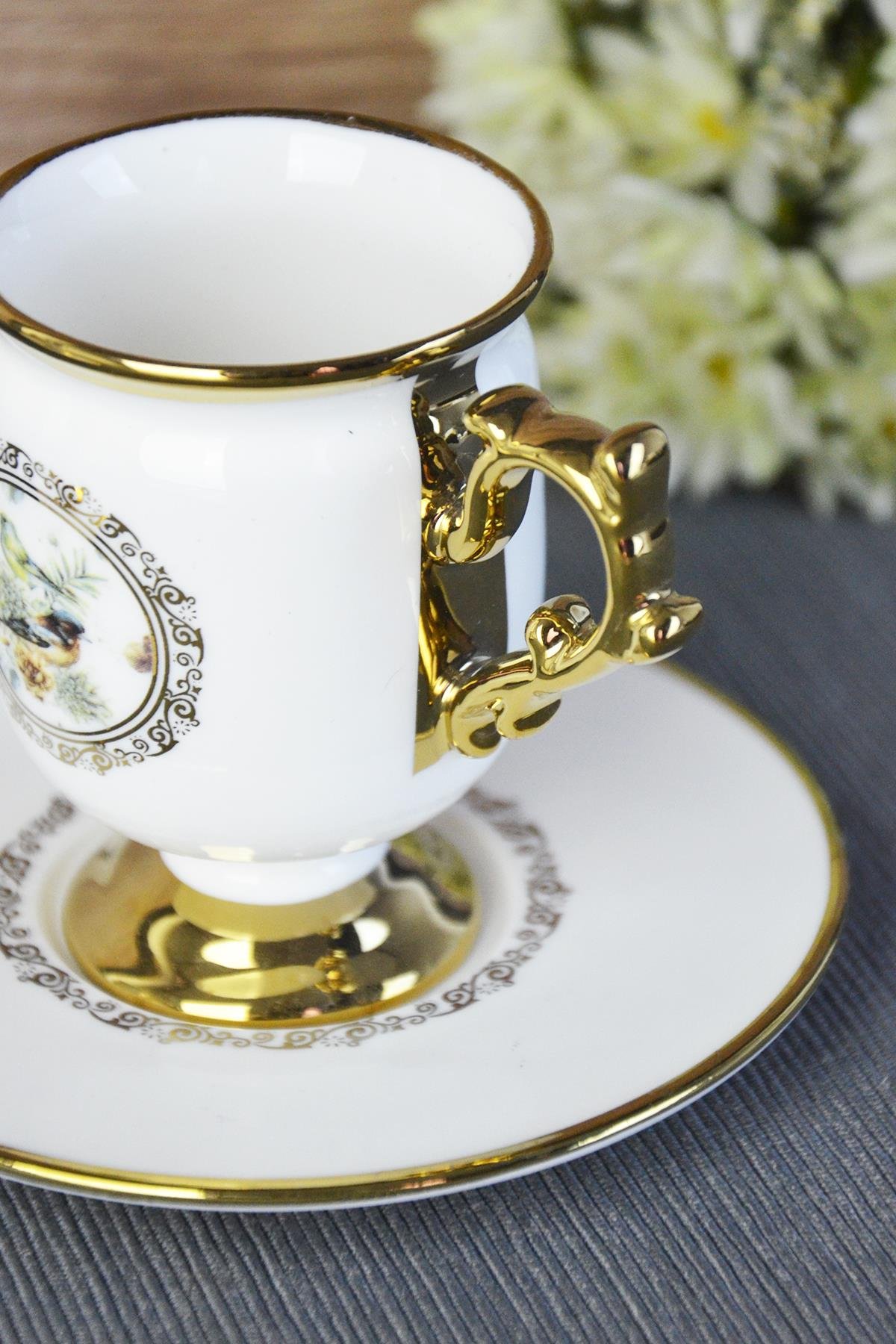 PAÇİ-DESİRE AYAKLI BEYAZ YALDIZLI KUŞLU KAHVE FİNCANI